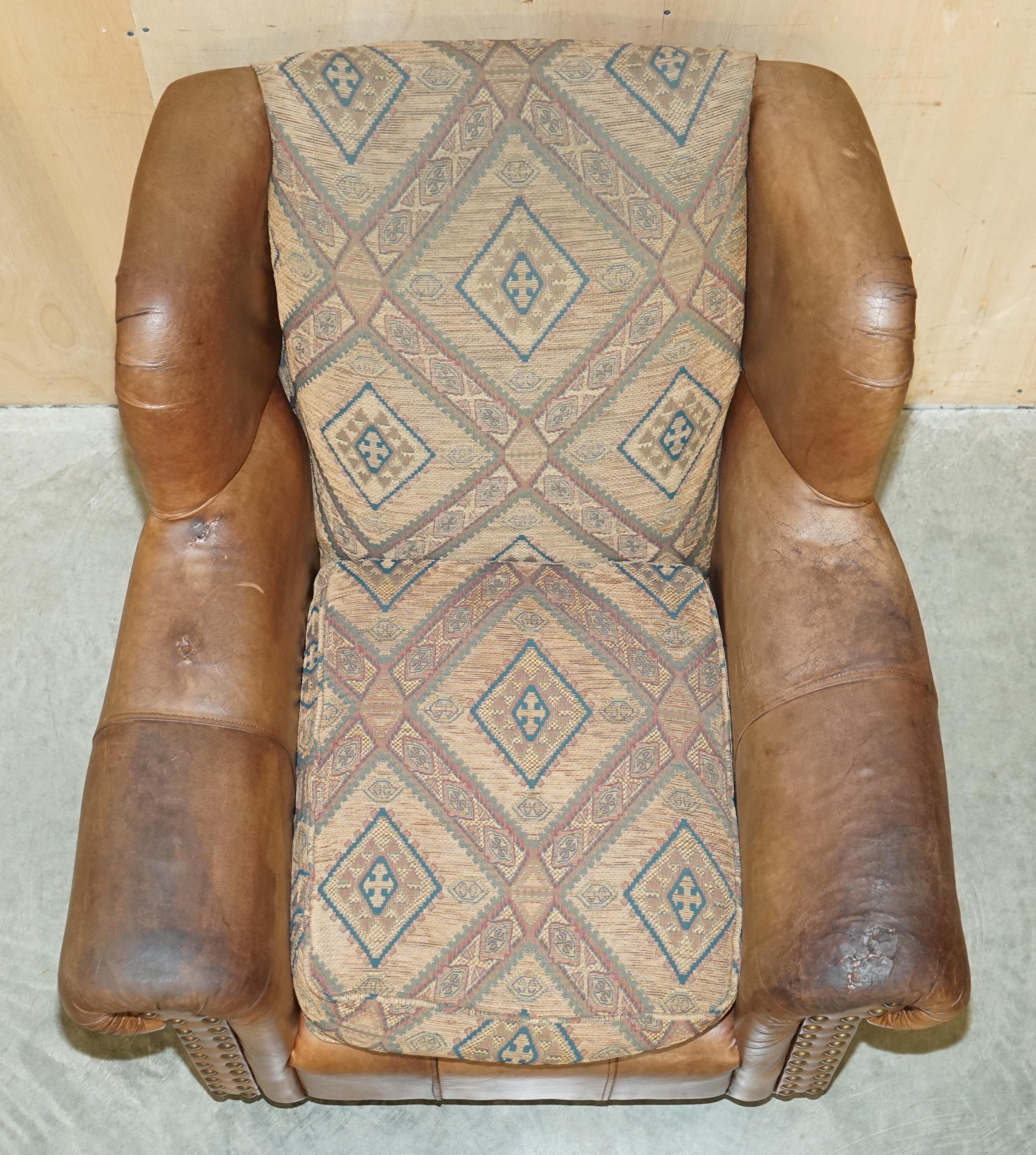 PAIR OF ViNTAGE THOMAS LLOYD BROWN LEATHER KILIM ARMCHAIRS FROM SCOTTISH CASTLe 4
