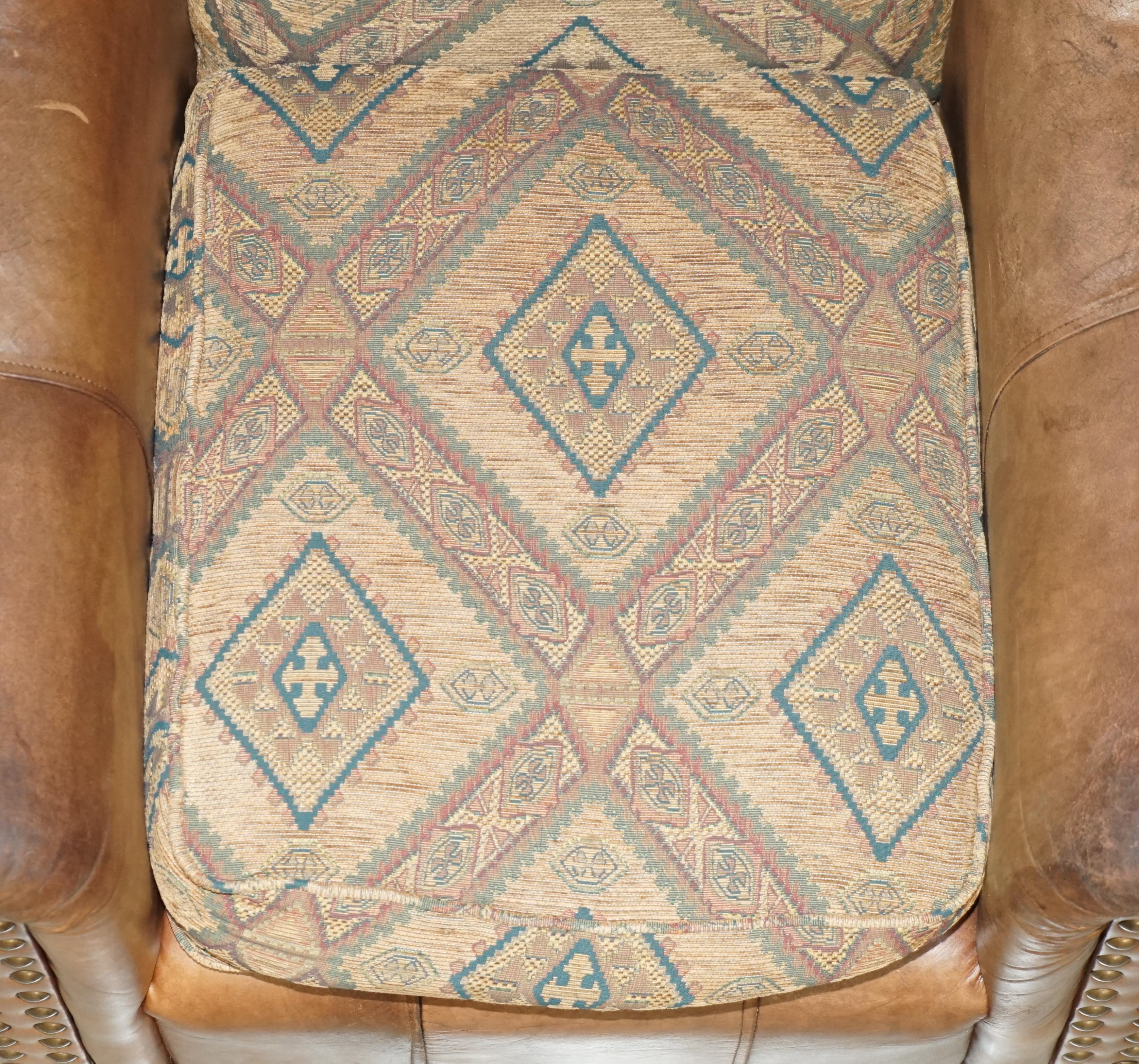 PAIR OF ViNTAGE THOMAS LLOYD BROWN LEATHER KILIM ARMCHAIRS FROM SCOTTISH CASTLe 5