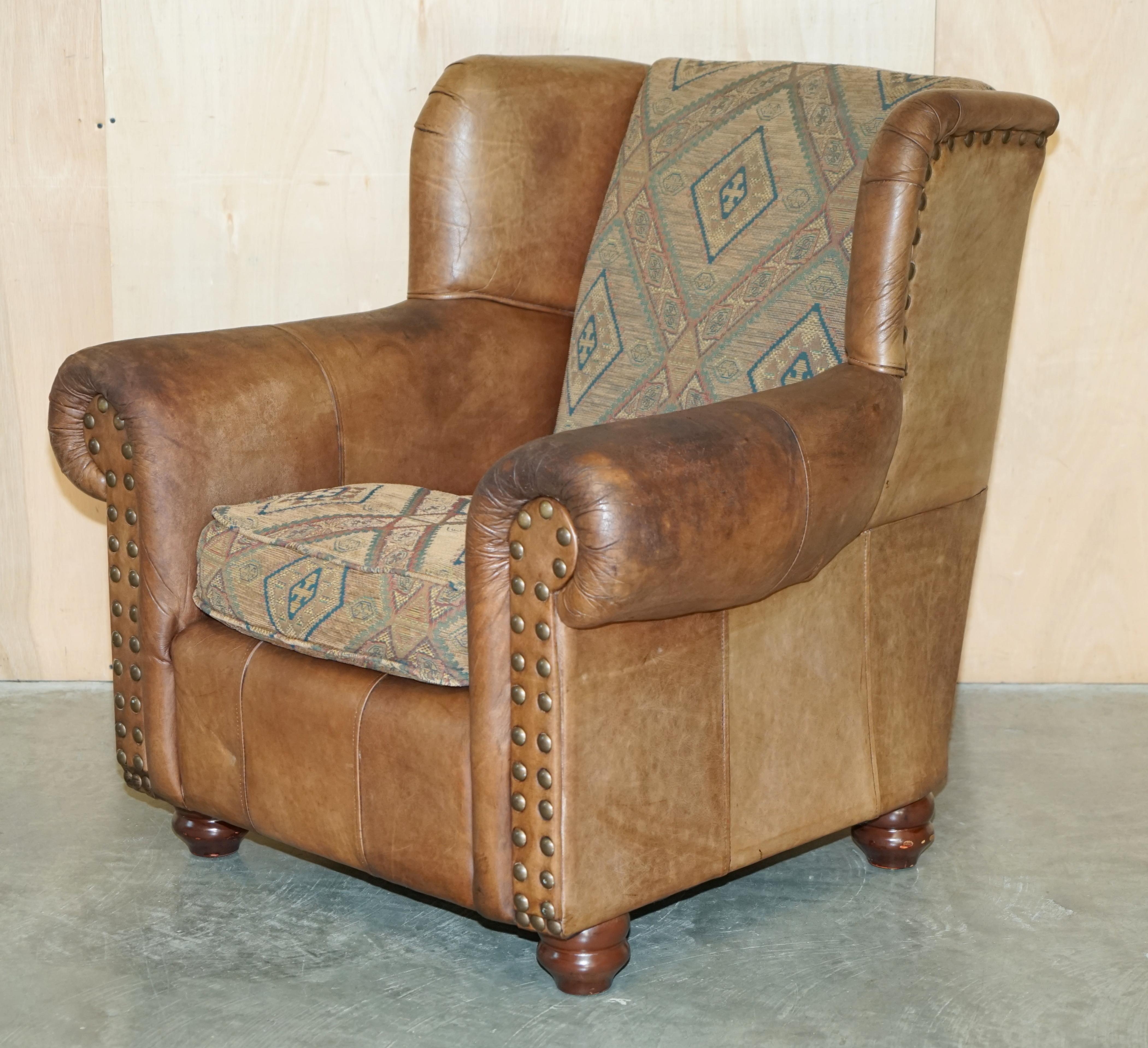 PAIR OF ViNTAGE THOMAS LLOYD BROWN LEATHER KILIM ARMCHAIRS FROM SCOTTISH CASTLe 9