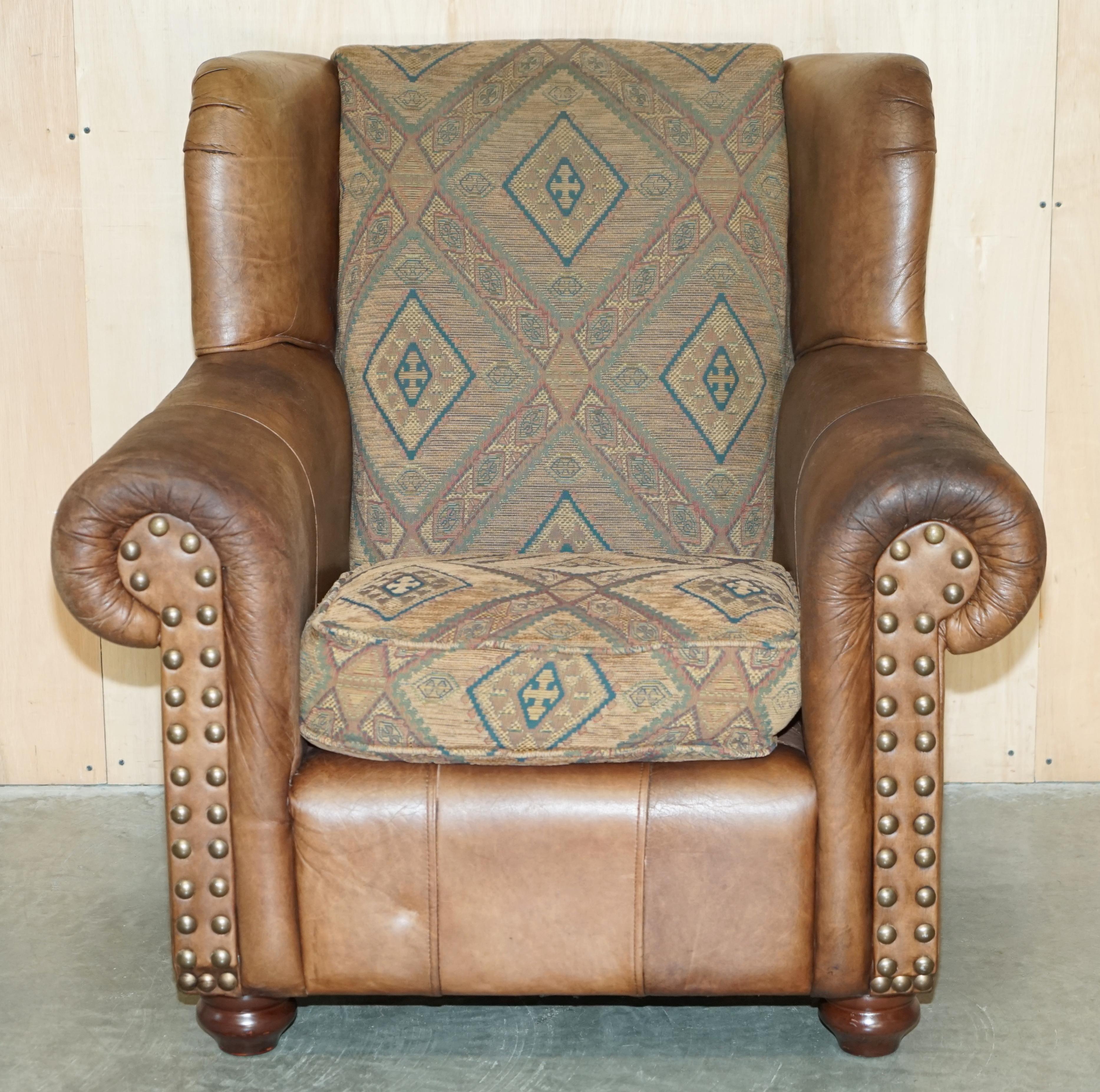 PAIR OF ViNTAGE THOMAS LLOYD BROWN LEATHER KILIM ARMCHAIRS FROM SCOTTISH CASTLe 10