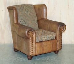 PAIR OF ViNTAGE THOMAS LLOYD BROWN LEATHER KILIM ARMCHAIRS FROM SCOTTISH CASTLe