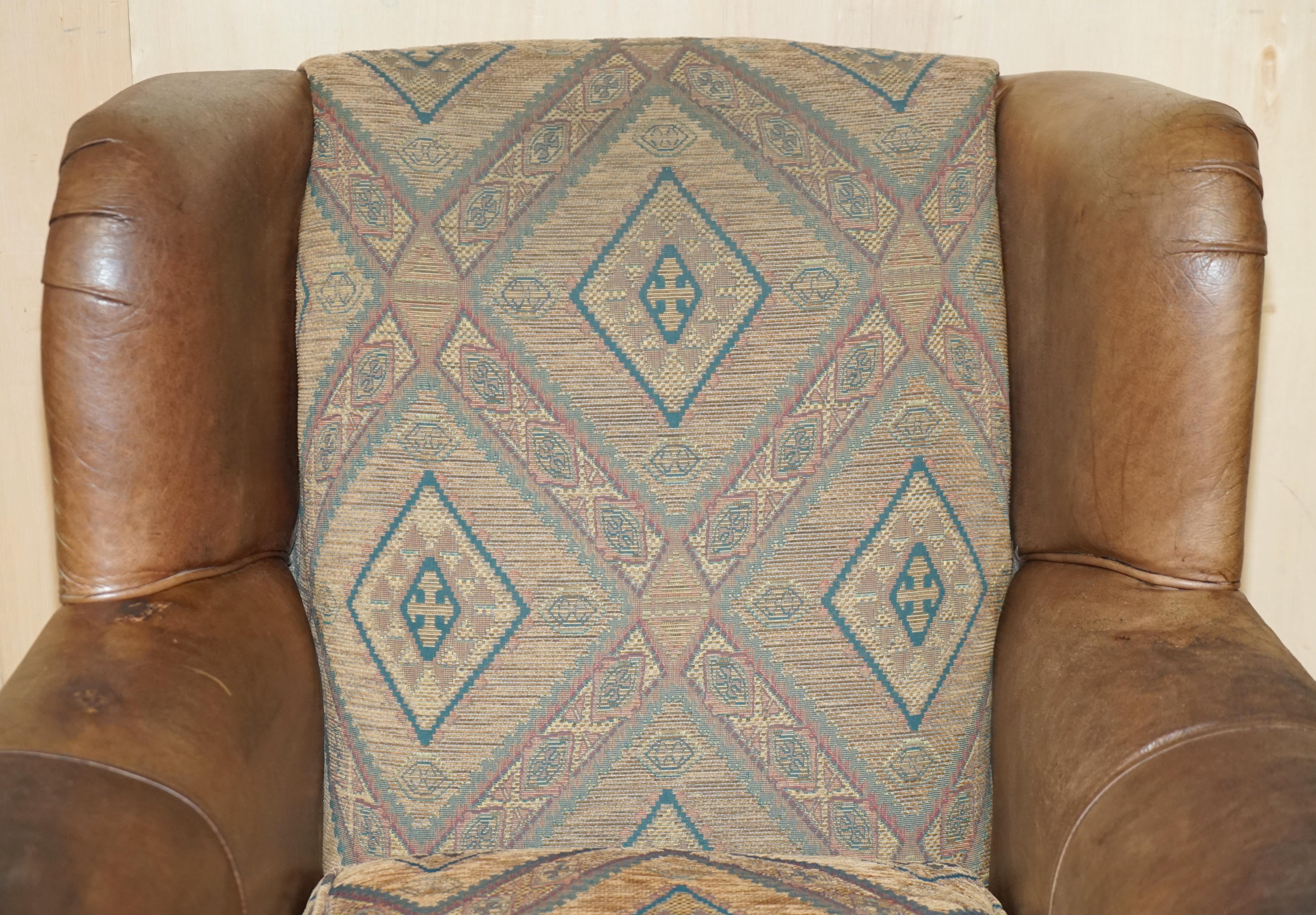Country PAIR OF ViNTAGE THOMAS LLOYD BROWN LEATHER KILIM ARMCHAIRS FROM SCOTTISH CASTLe