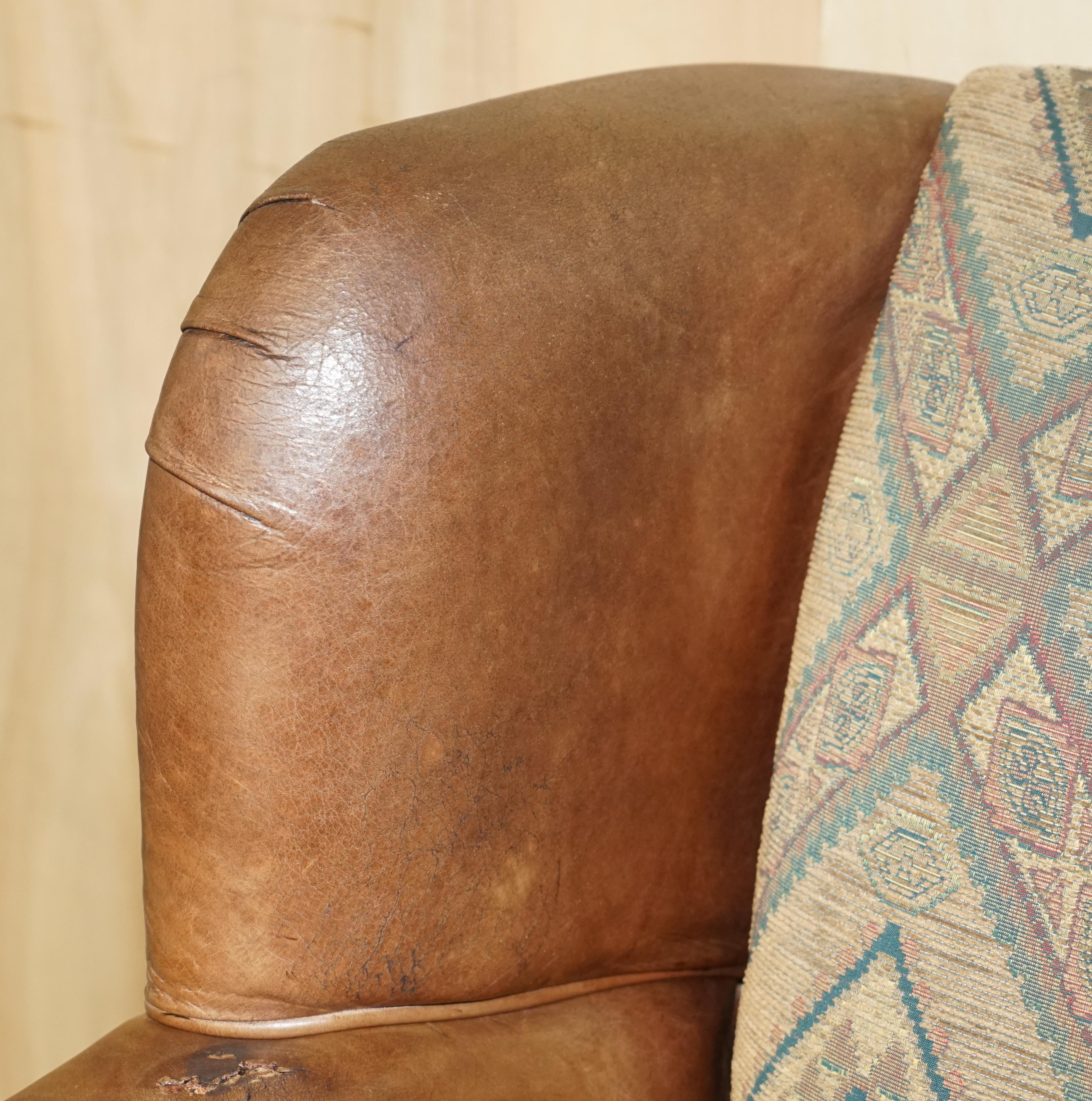 English PAIR OF ViNTAGE THOMAS LLOYD BROWN LEATHER KILIM ARMCHAIRS FROM SCOTTISH CASTLe