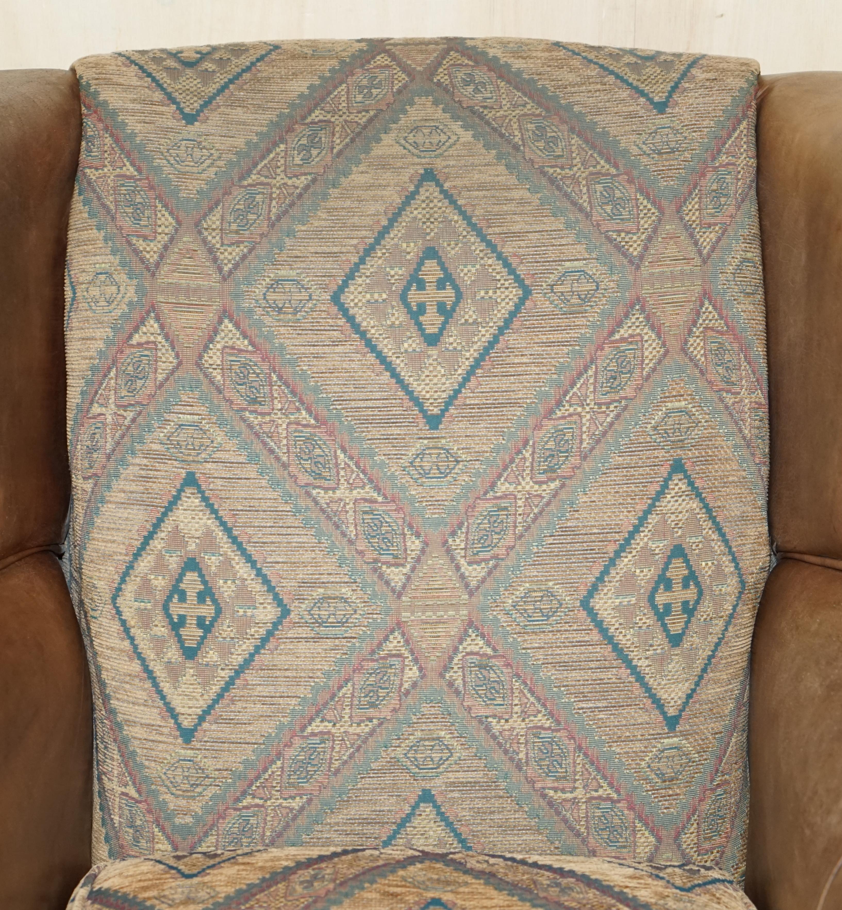 Hand-Crafted PAIR OF ViNTAGE THOMAS LLOYD BROWN LEATHER KILIM ARMCHAIRS FROM SCOTTISH CASTLe