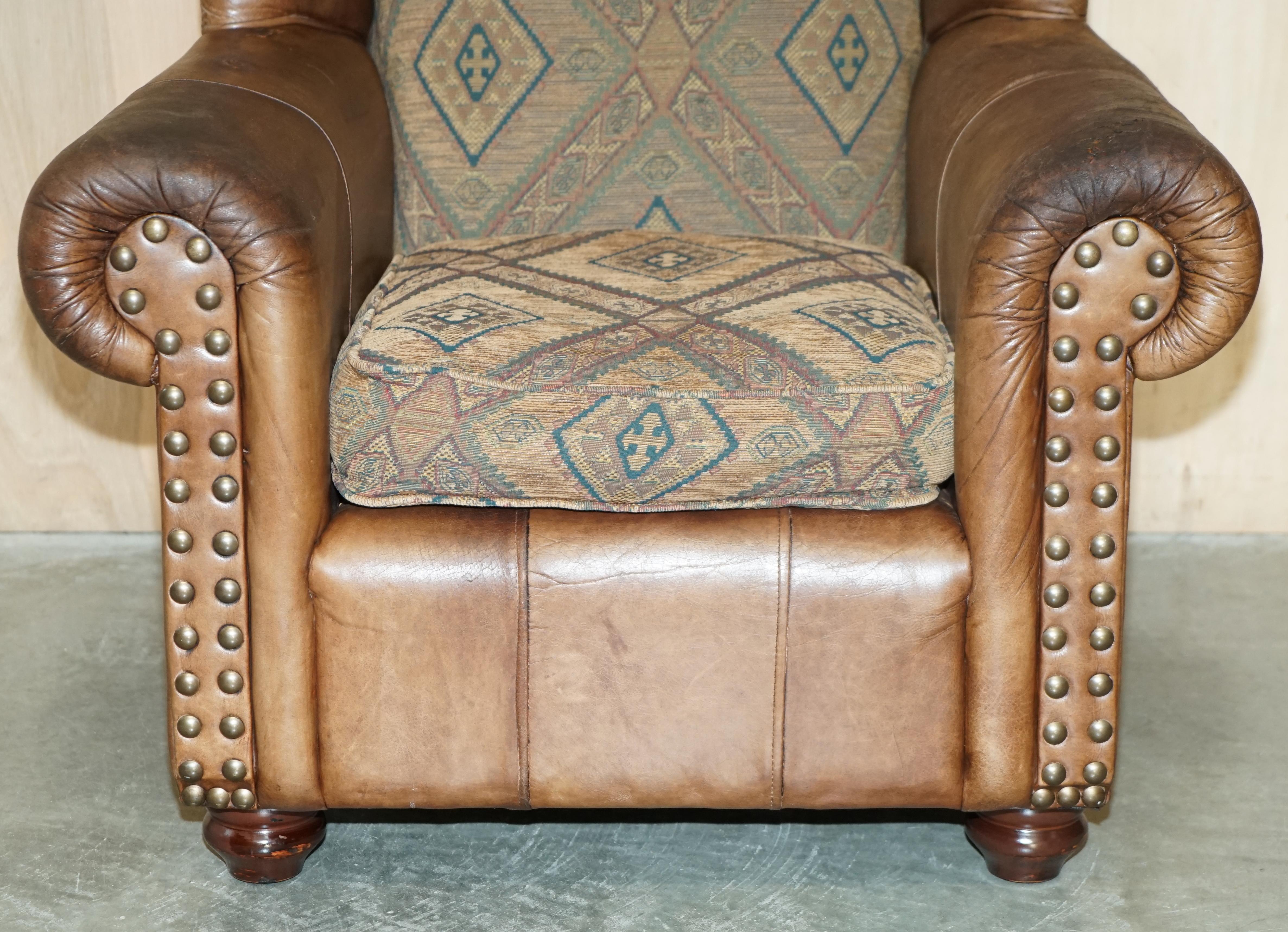 20th Century PAIR OF ViNTAGE THOMAS LLOYD BROWN LEATHER KILIM ARMCHAIRS FROM SCOTTISH CASTLe