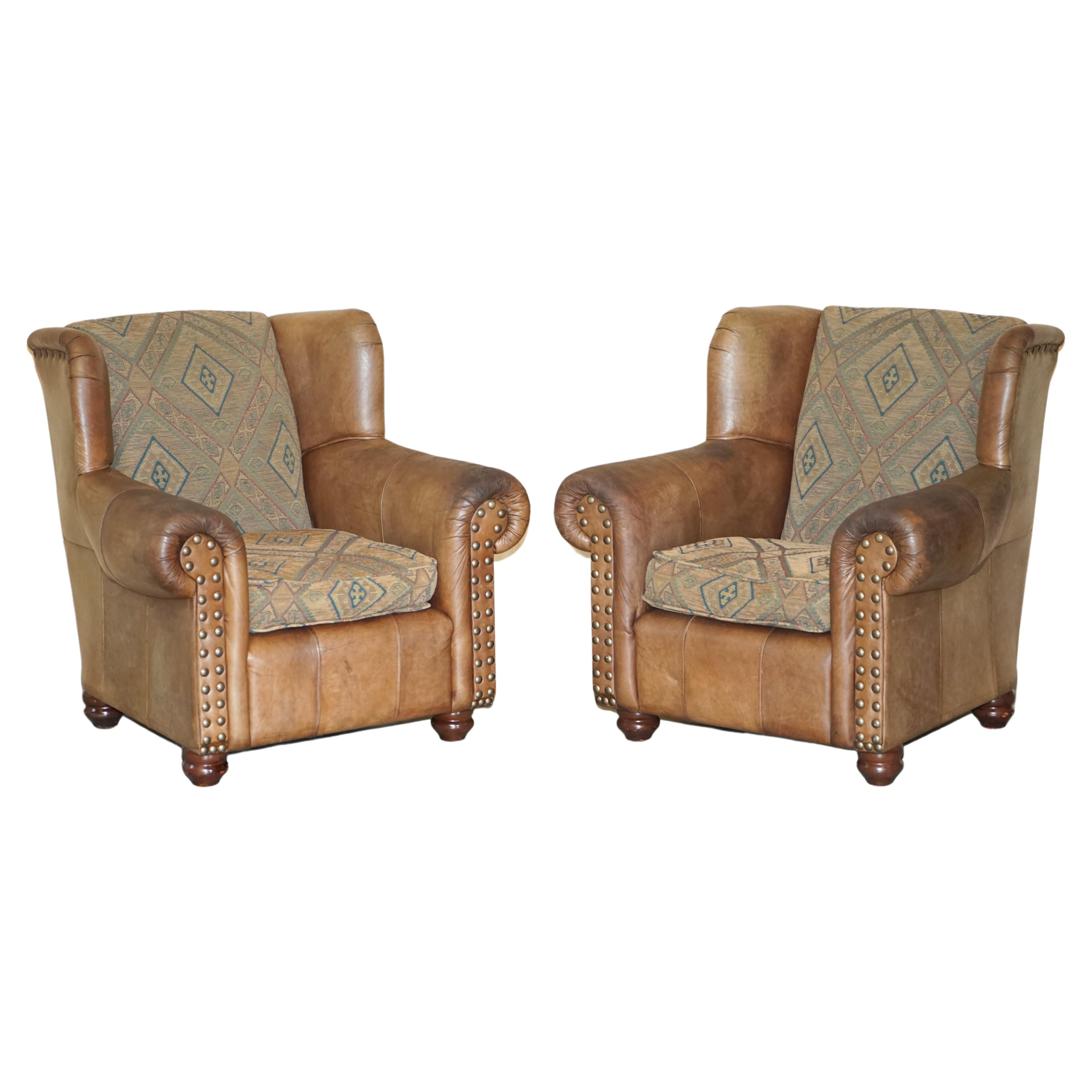 PAIR OF ViNTAGE THOMAS LLOYD BROWN LEATHER KILIM ARMCHAIRS FROM SCOTTISH CASTLe