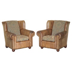 Pärchen viNTAGE THOMAS LLOYD BROWN LEATHER KILIM ARMCHAIRS FROM SCOTTISH CASTLe