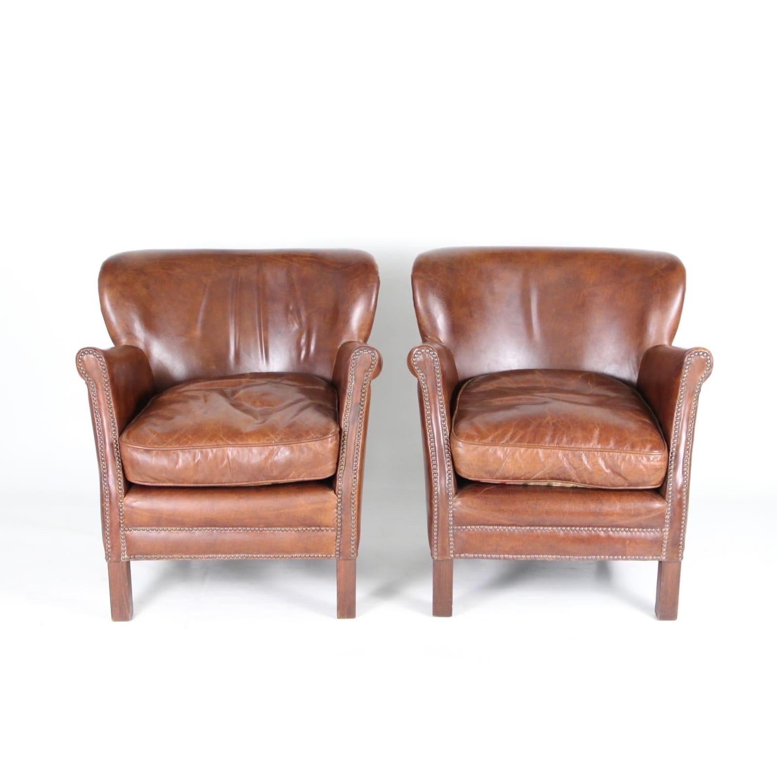 Mid-Century Modern Pair of vintage tiny leather club chairs 