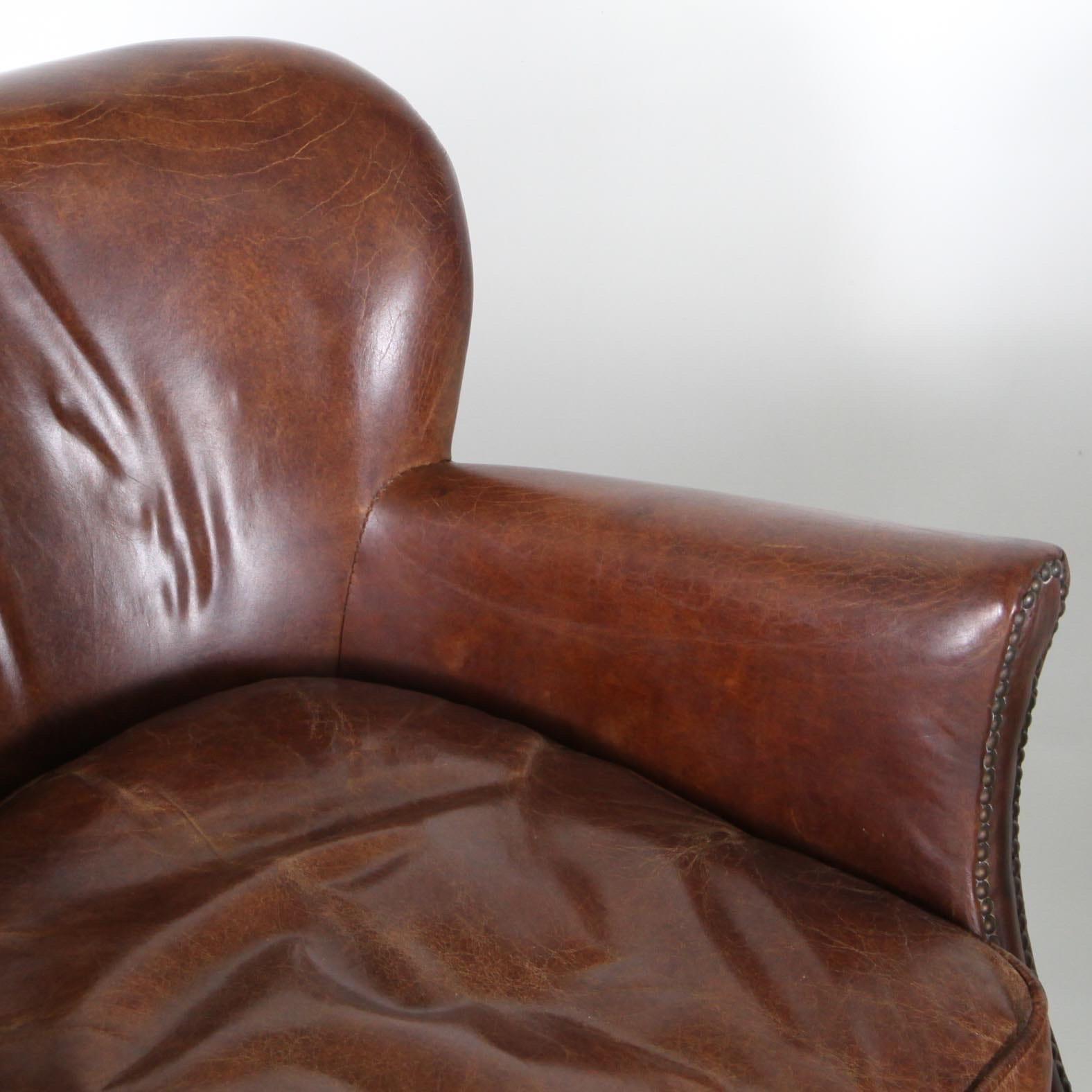 French Pair of vintage tiny leather club chairs 