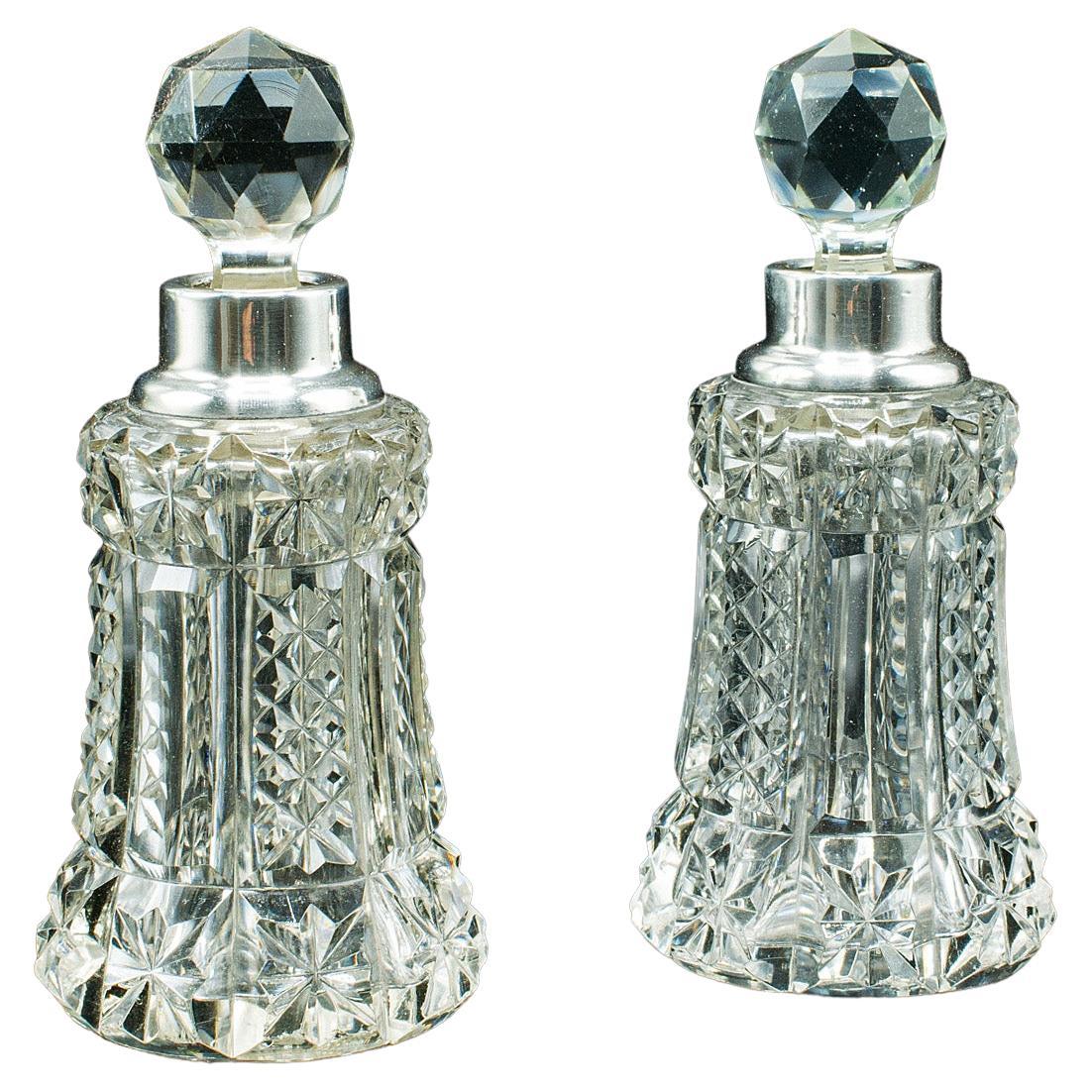 Pair of Vintage Tipple Decanters, English Glass, Silver, Spirit Vessel, Hallmark For Sale