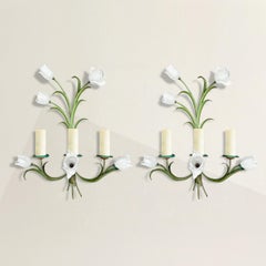 Pair of Vintage Tole and Porcelain Tulip Candle Sconces