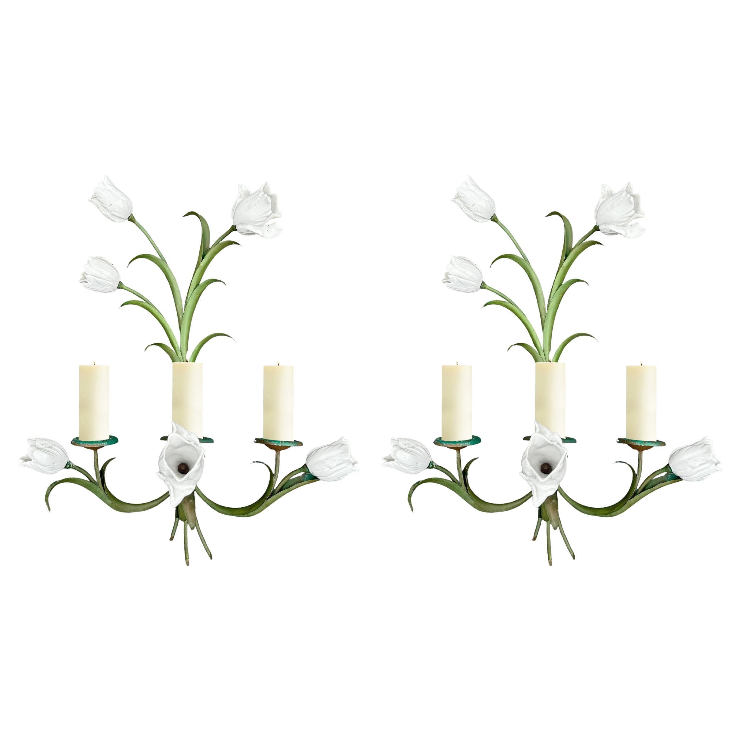 Pair of Vintage Tole and Porcelain Tulip Candle Sconces