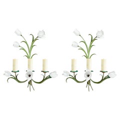 Paire d'appliques tulipe vintage en tôle et porcelaine