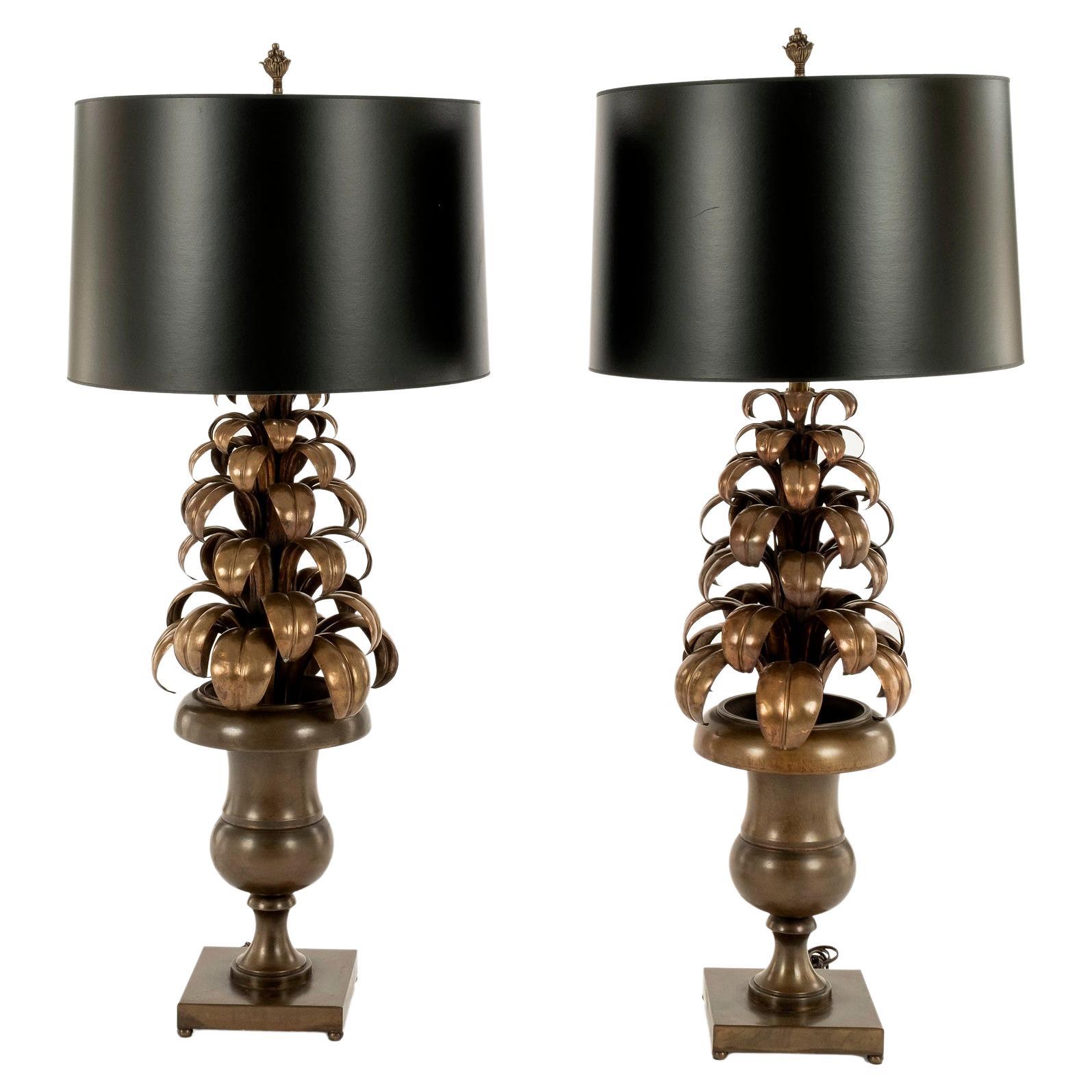 Pair of Vintage Tole Bronze Palm Lamps For Sale