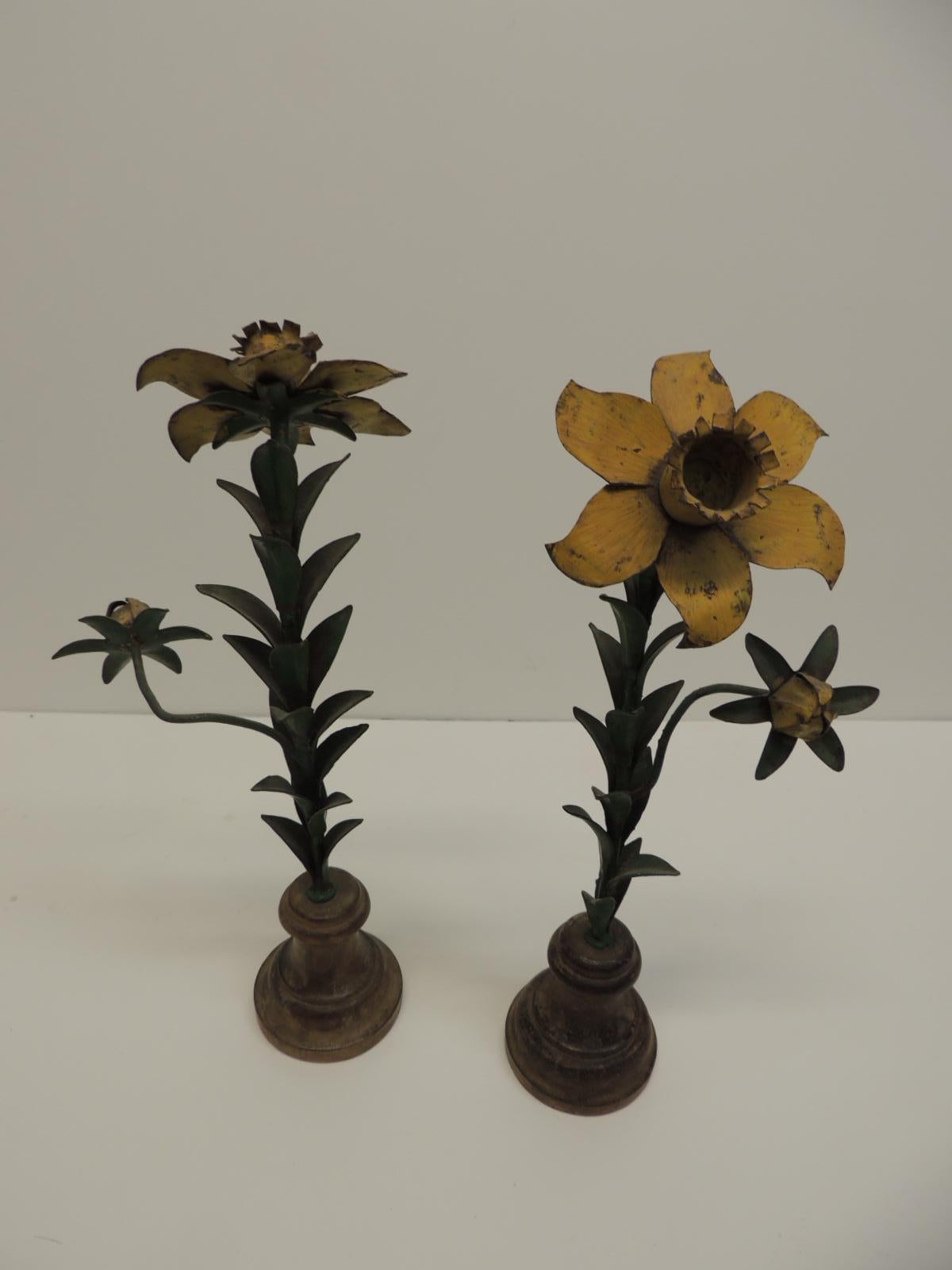 Hollywood Regency Pair of Vintage Tole Candle Holders Flowers on Wood Round Stands