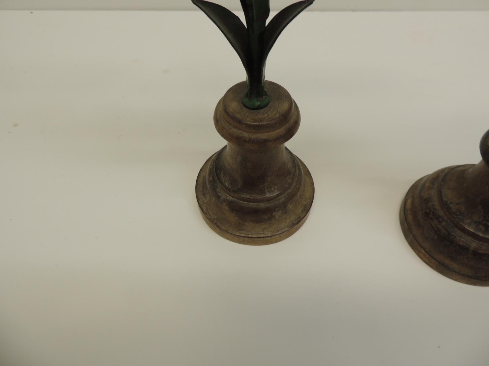 Italian Pair of Vintage Tole Candle Holders Flowers on Wood Round Stands