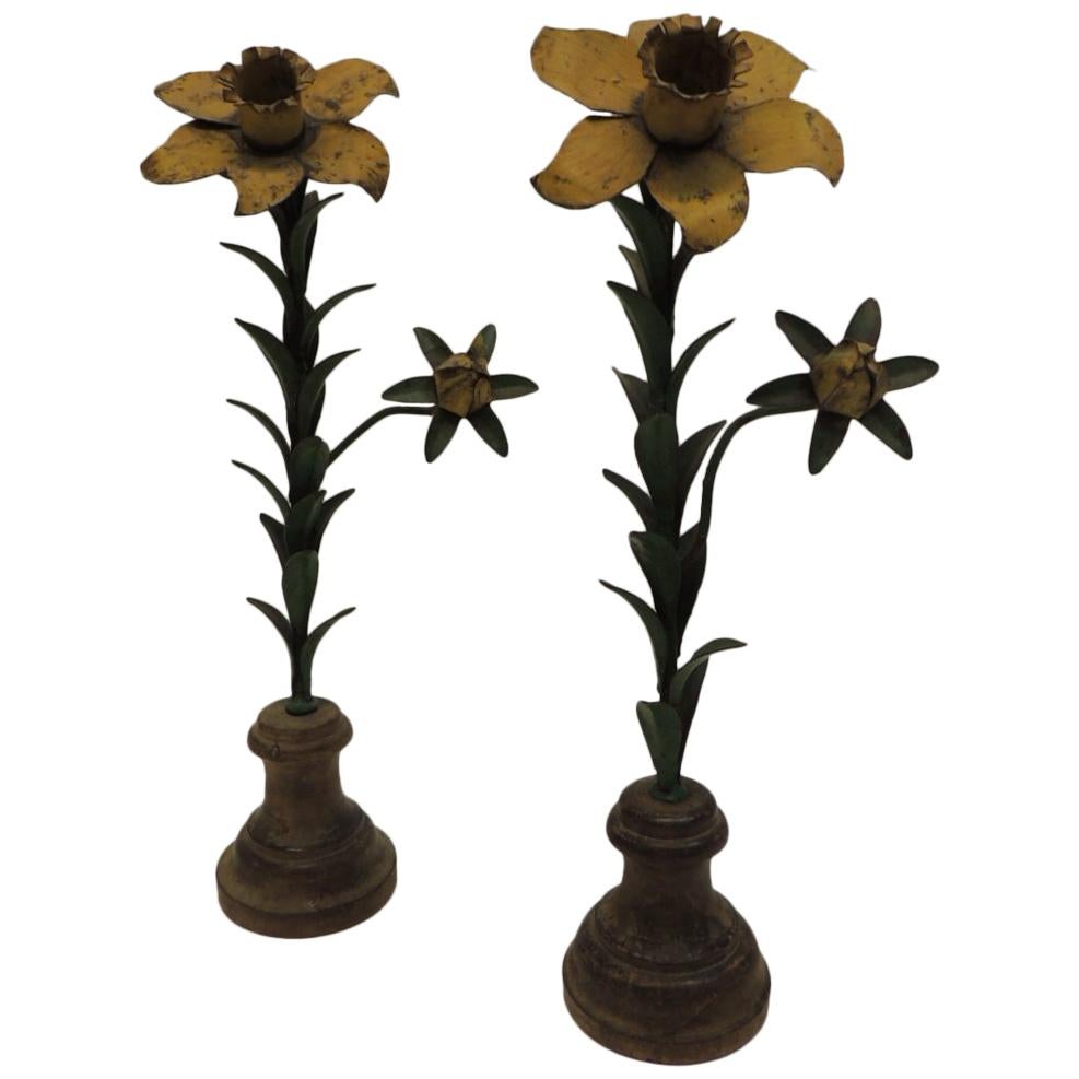 Pair of Vintage Tole Candle Holders Flowers on Wood Round Stands