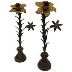Pair of Vintage Tole Candle Holders Flowers on Wood Round Stands