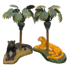Pair of Vintage Tole Candlesticks of Black Panther & Cheetah