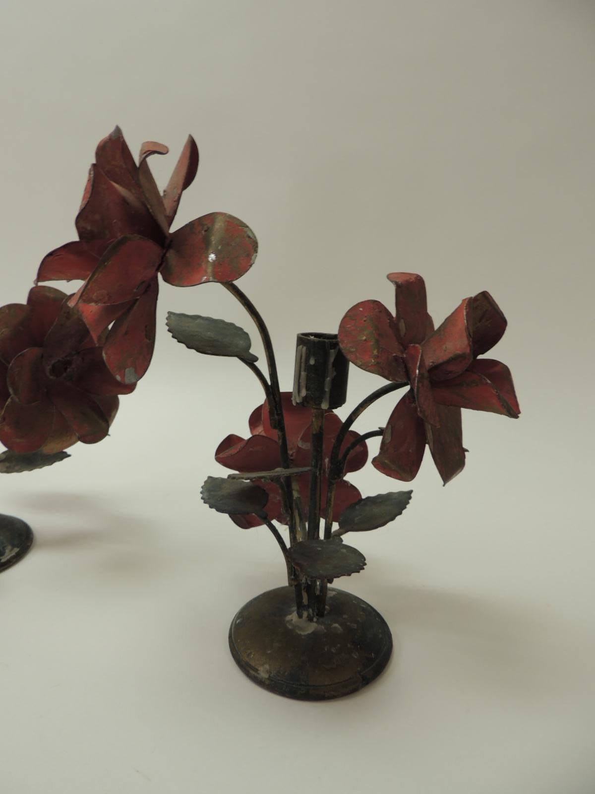Philippine Pair of Vintage Tole Floral Candleholders