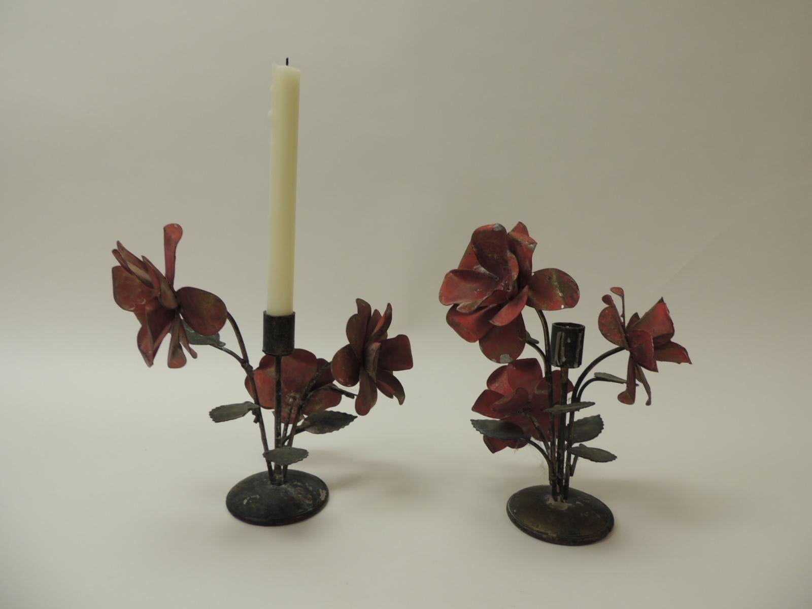 Hand-Crafted Pair of Vintage Tole Floral Candleholders