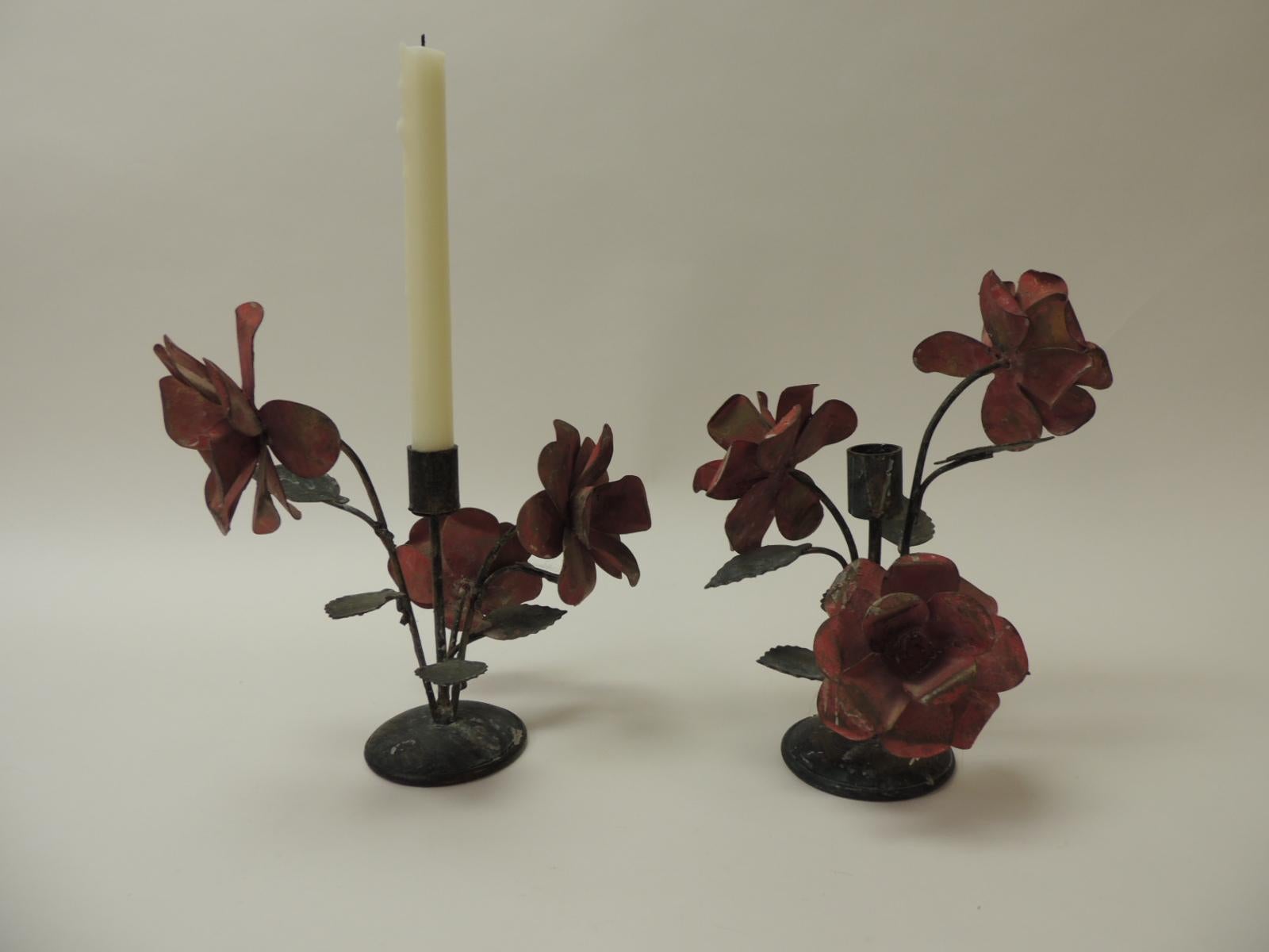Pair of Vintage Tole Floral Candleholders In Good Condition In Oakland Park, FL