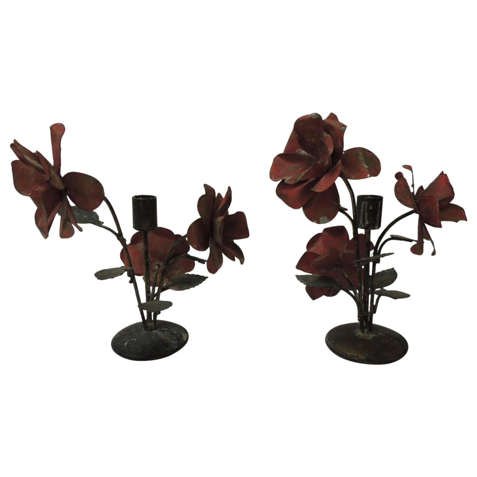 Pair of Vintage Tole Floral Candleholders
