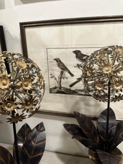 Pair of Vintage Tole Metal Flower Arrangements in Distressed Urns