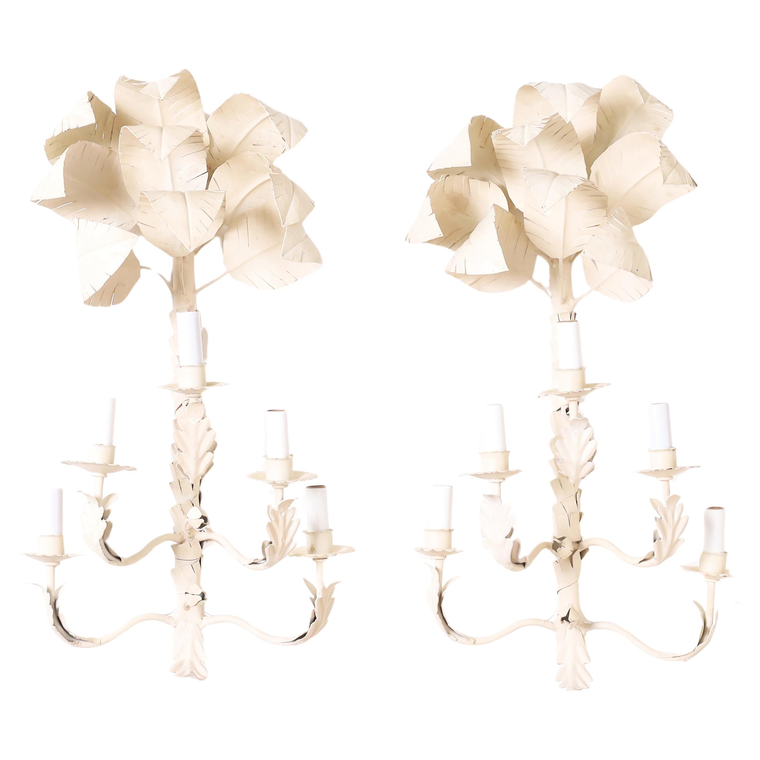 Paar Vintage Tole Palm Tree Wandleuchter