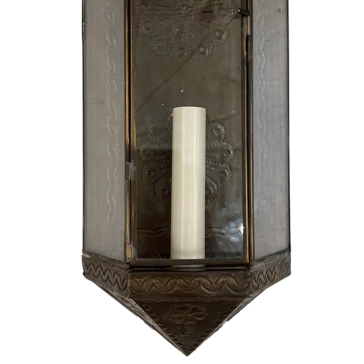 Patinated Pair of Vintage Tole Sconces For Sale