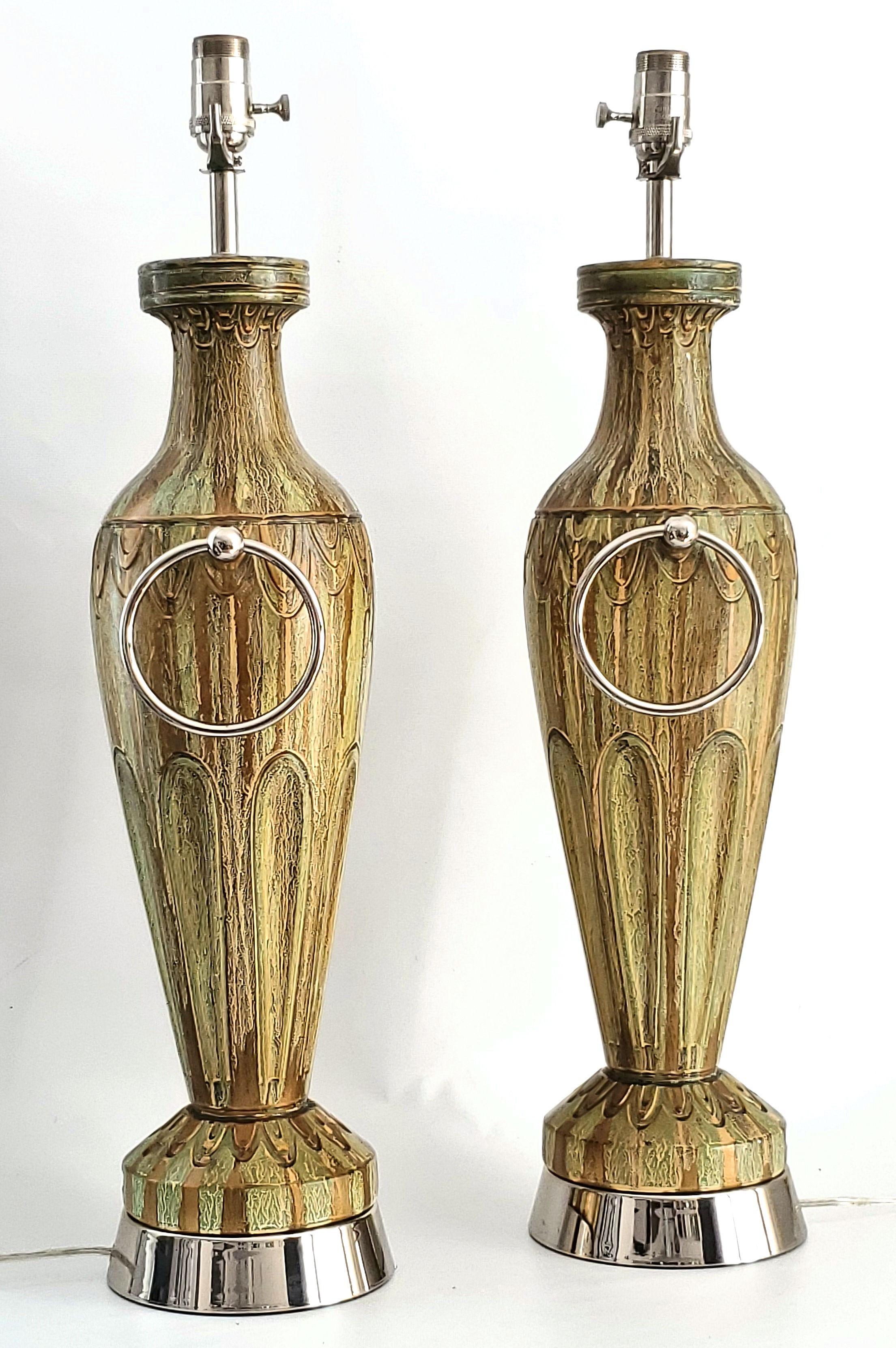 American Pair of Vintage Tommi Parzinger Style Gold and Green Painted Ceramic Table Lamps For Sale