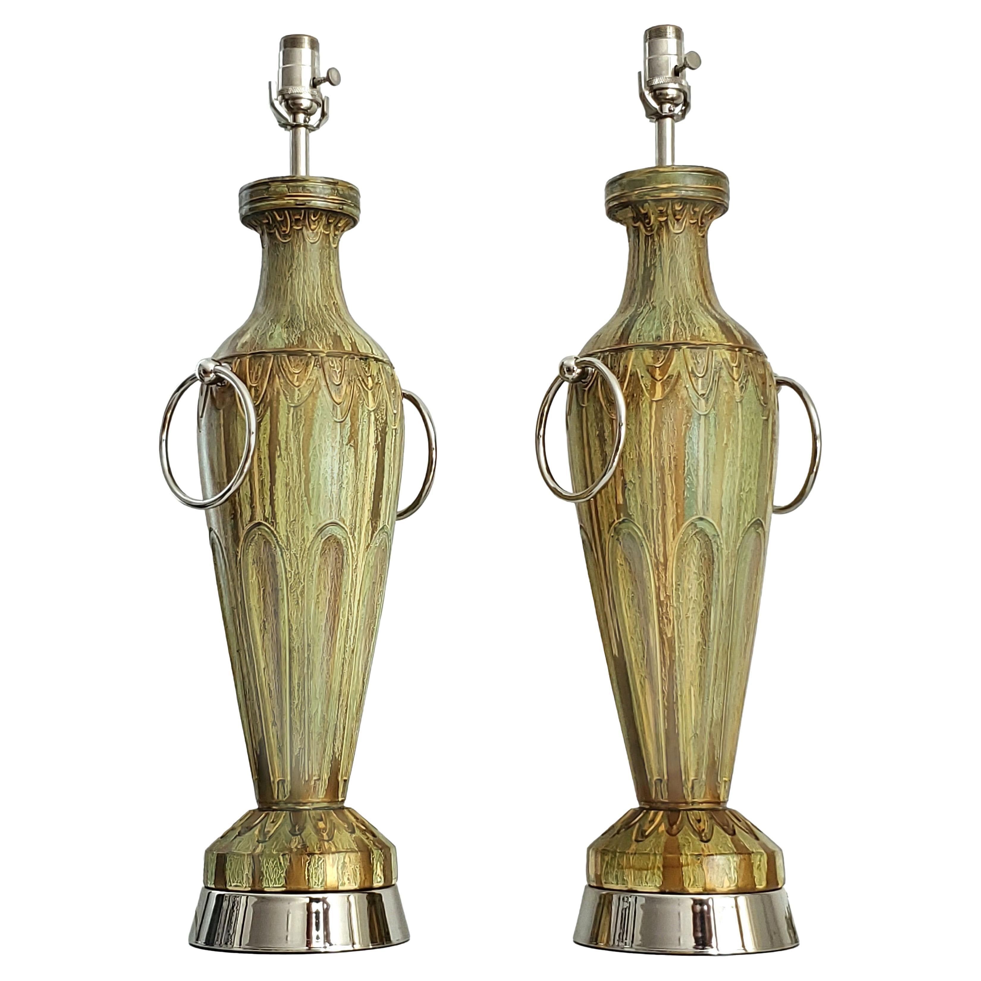 Pair of Vintage Tommi Parzinger Style Gold and Green Painted Ceramic Table Lamps For Sale