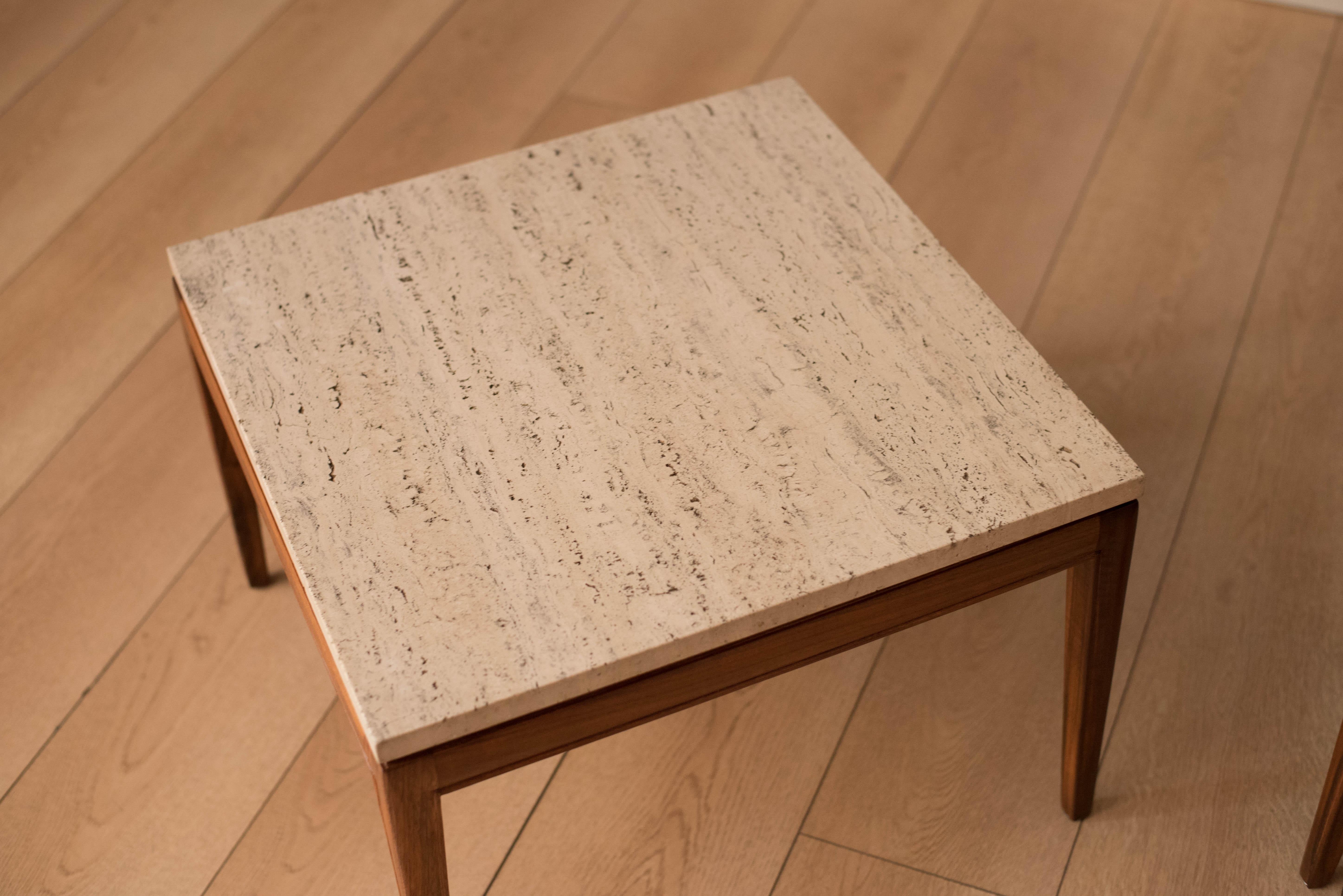 Mid-20th Century Pair of Vintage Travertine and Walnut End Tables