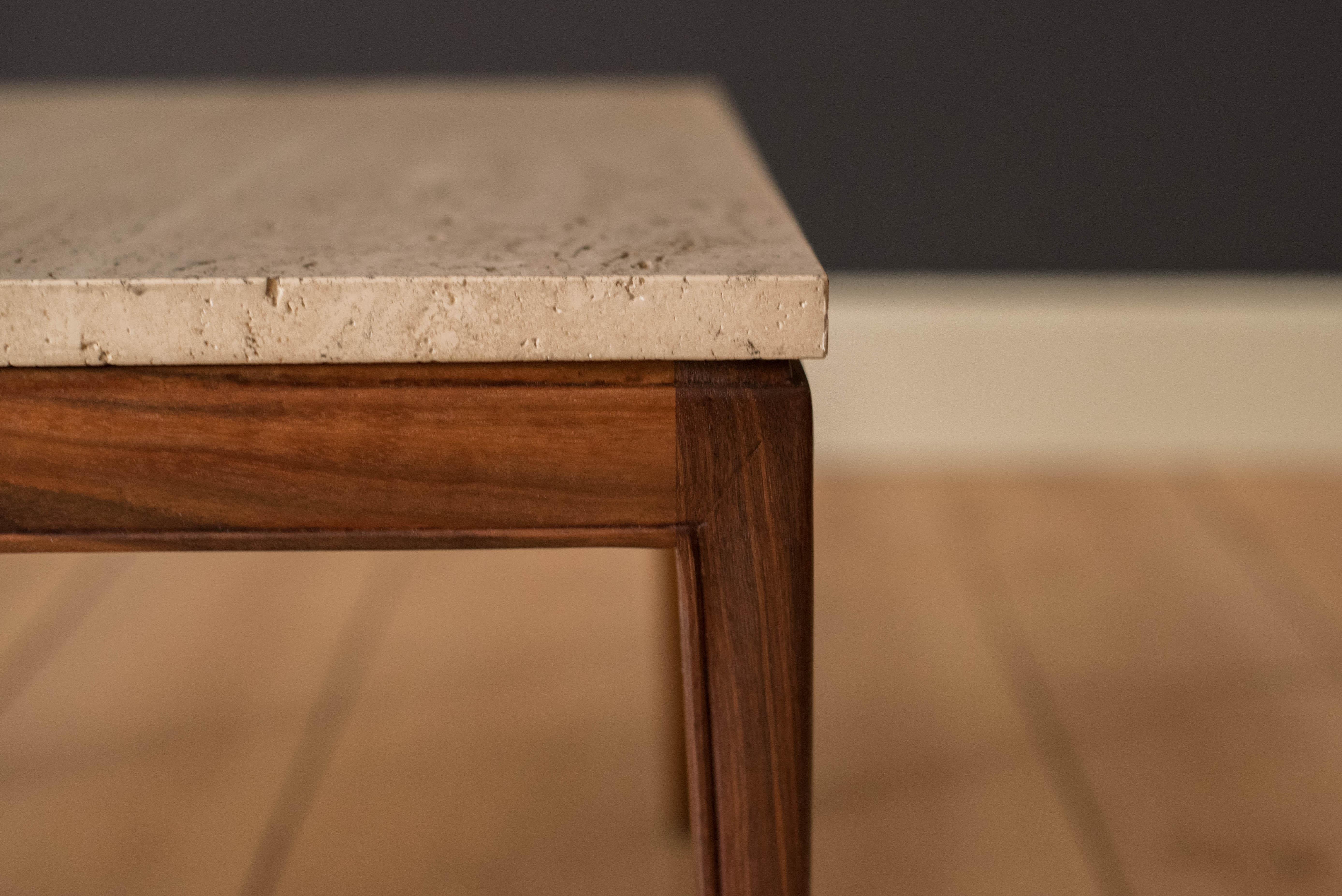 Pair of Vintage Travertine and Walnut End Tables 3