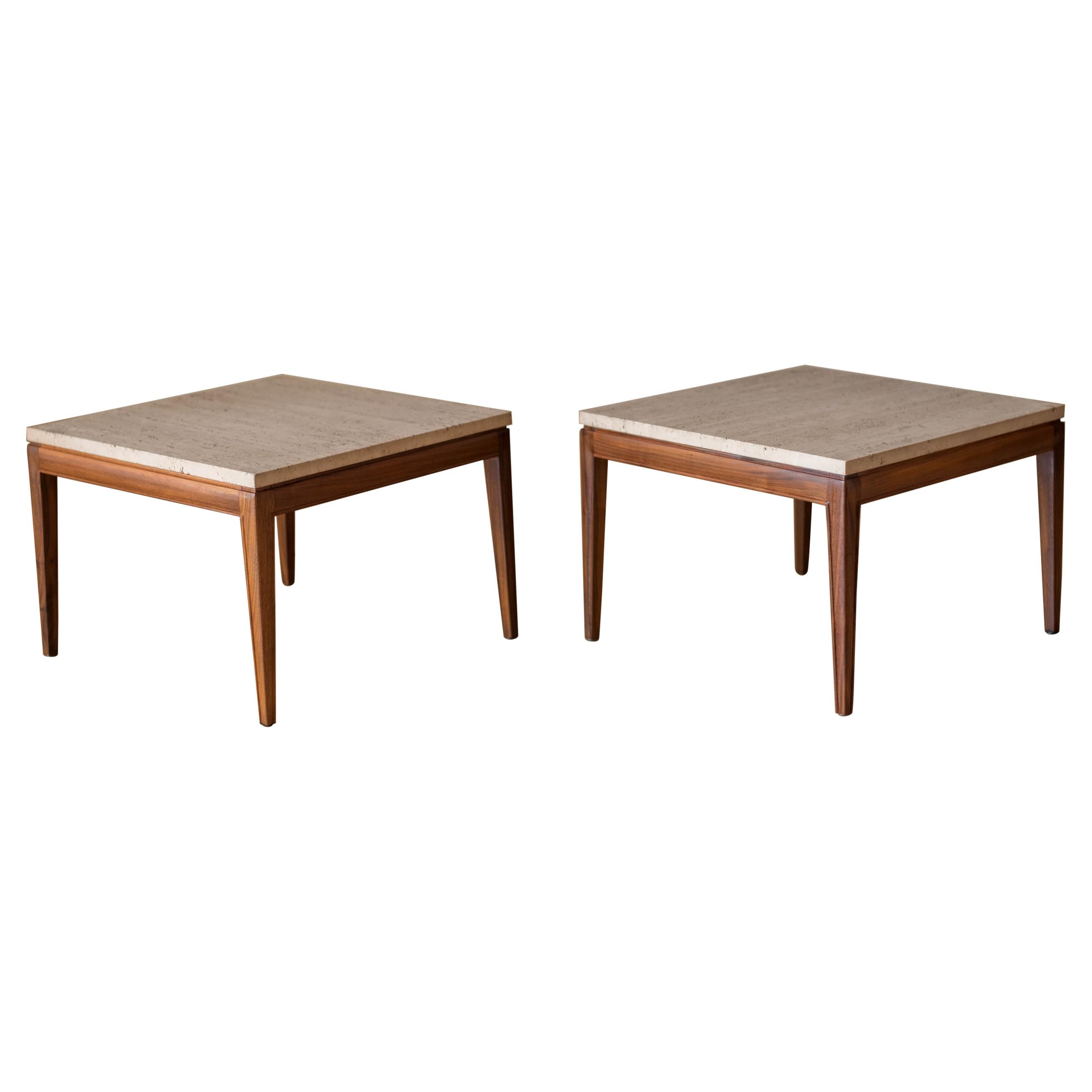 Pair of Vintage Travertine and Walnut End Tables