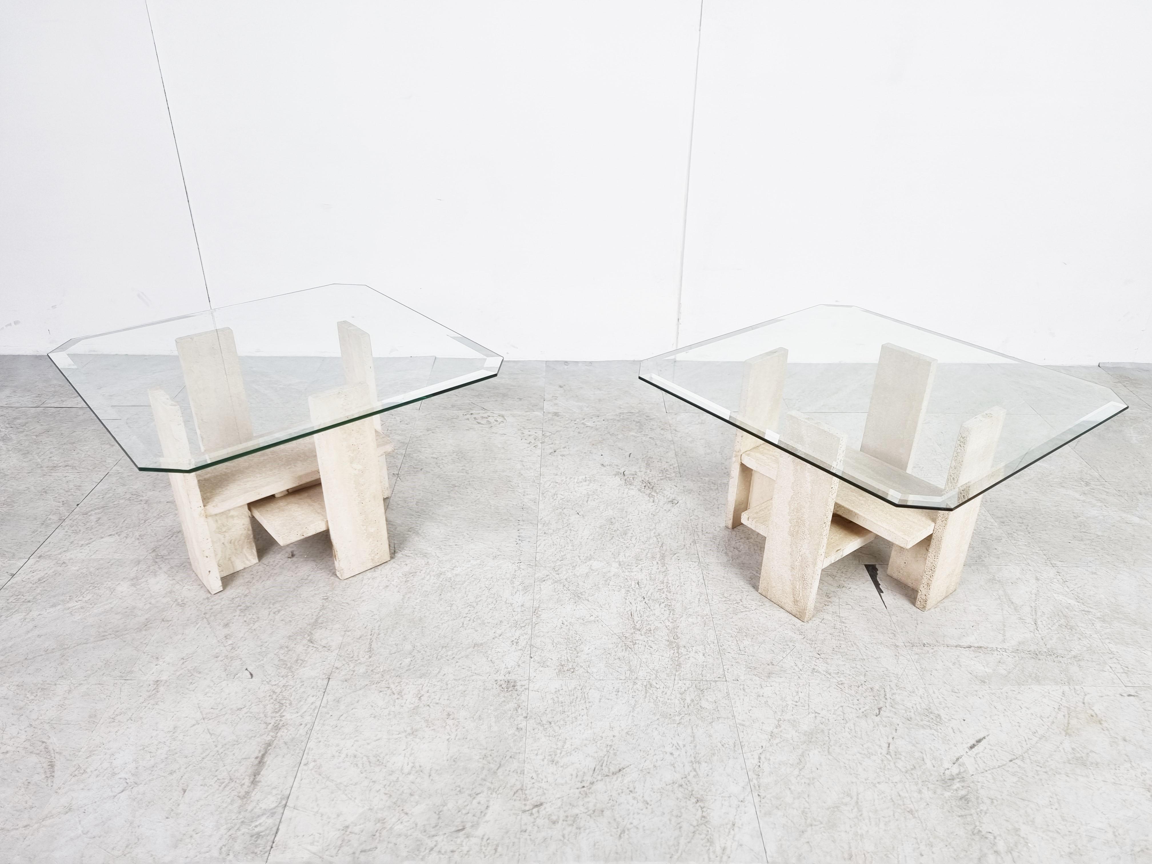 Brutalist Pair of Vintage Travertine Side Tables by Willy Ballez, 1970s For Sale