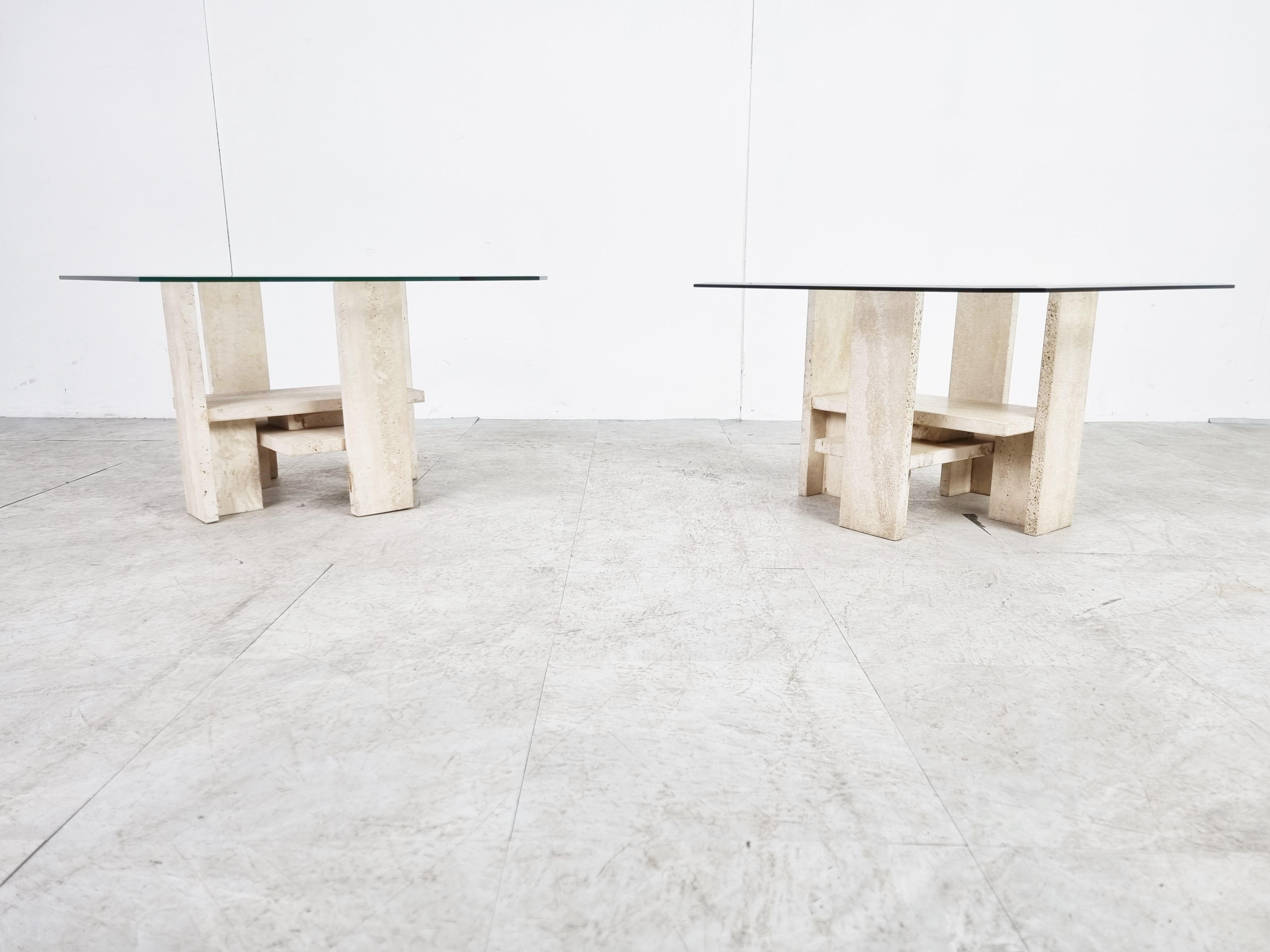 Belgian Pair of Vintage Travertine Side Tables by Willy Ballez, 1970s For Sale