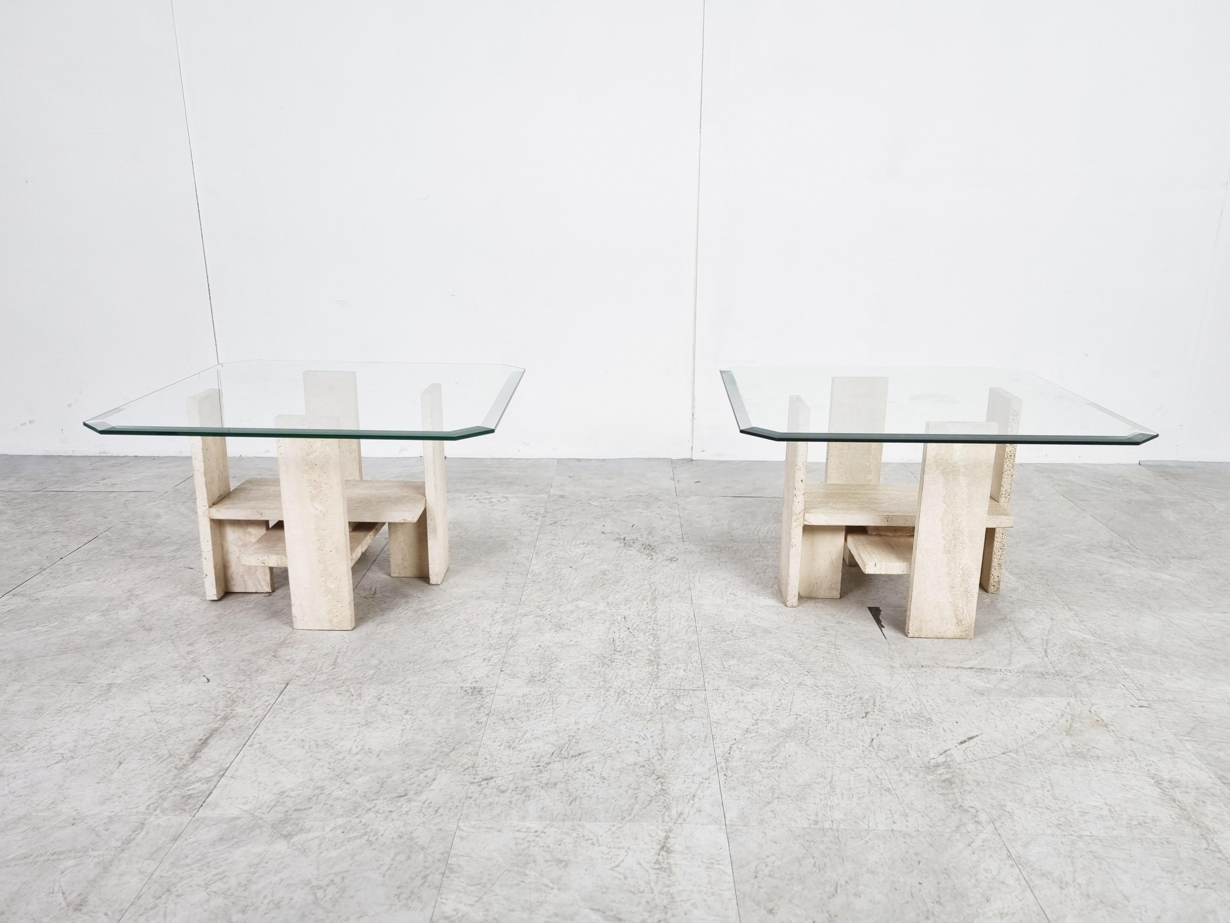 Beveled Pair of Vintage Travertine Side Tables by Willy Ballez, 1970s For Sale
