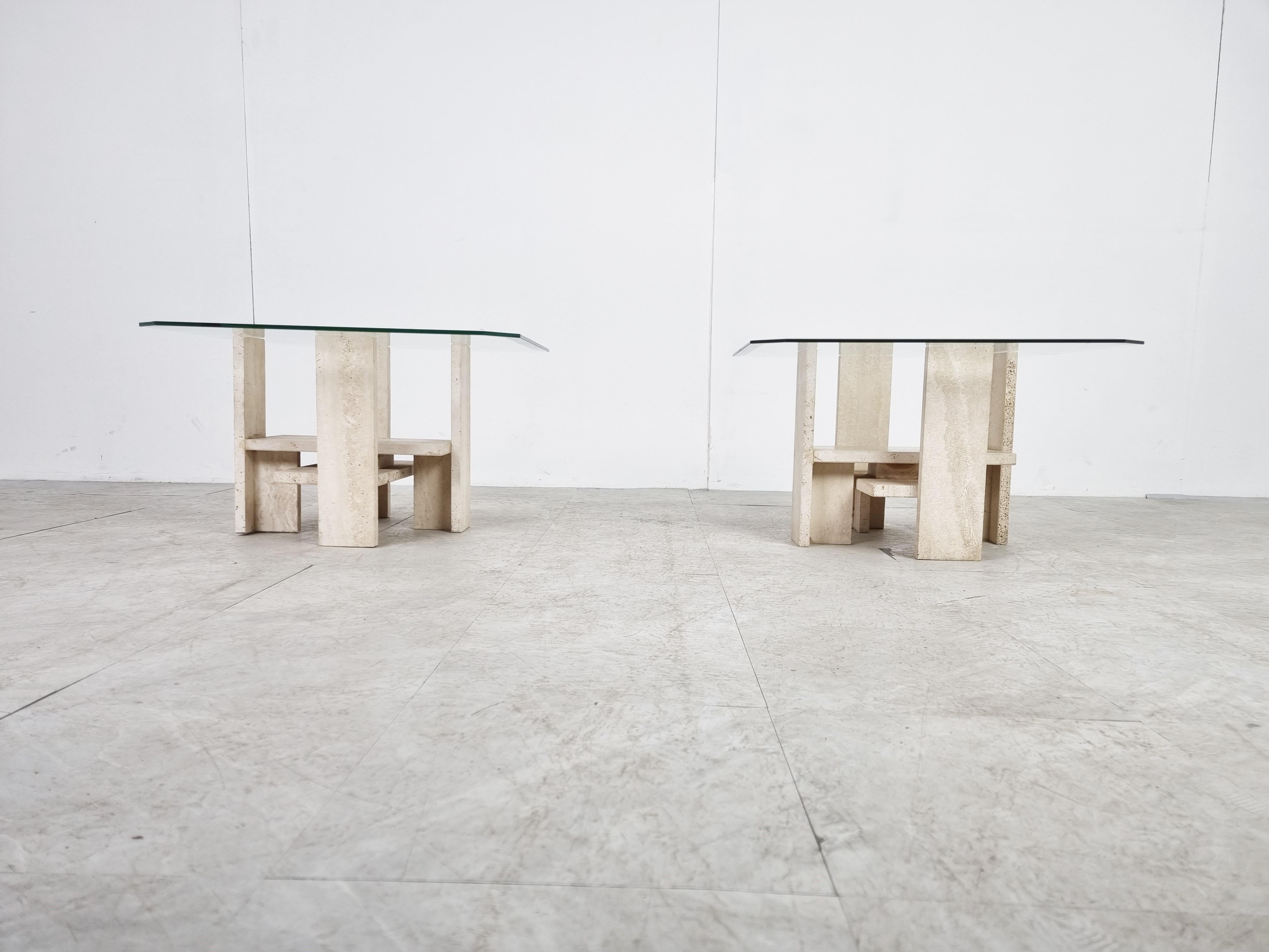Pair of Vintage Travertine Side Tables by Willy Ballez, 1970s In Good Condition For Sale In HEVERLEE, BE