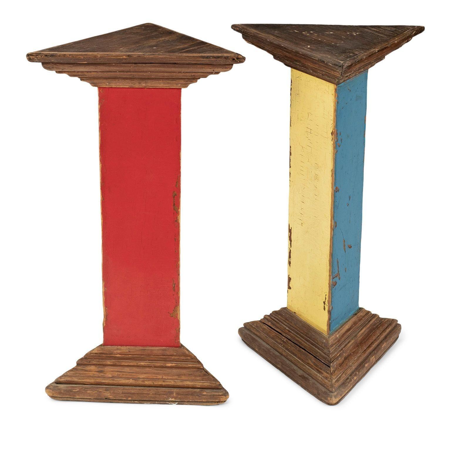 Folk Art Pair of Vintage Triangular Pedestals