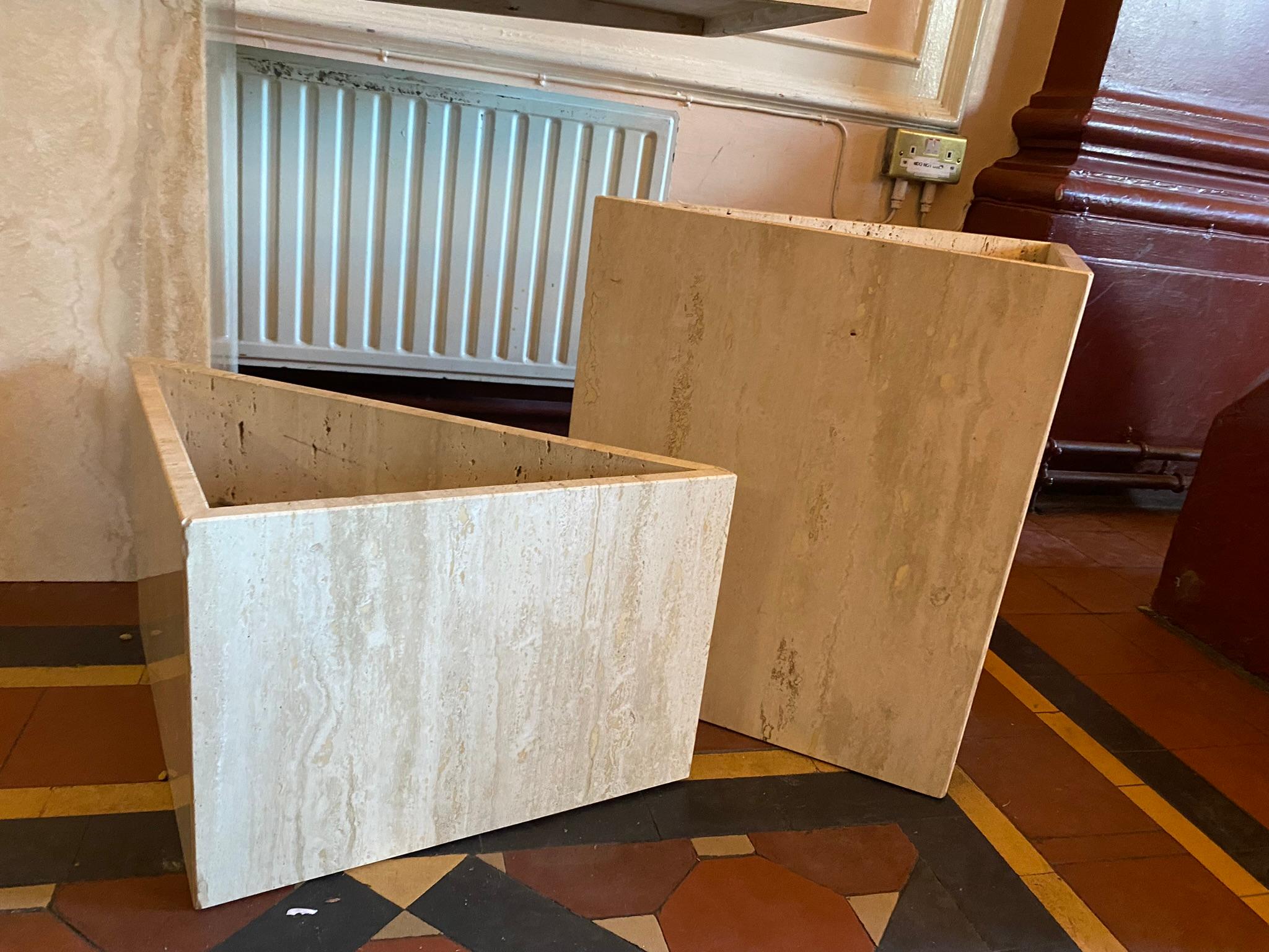 Late 20th Century Pair of Vintage Triangular Travertine Planters, Italy, 1980s For Sale