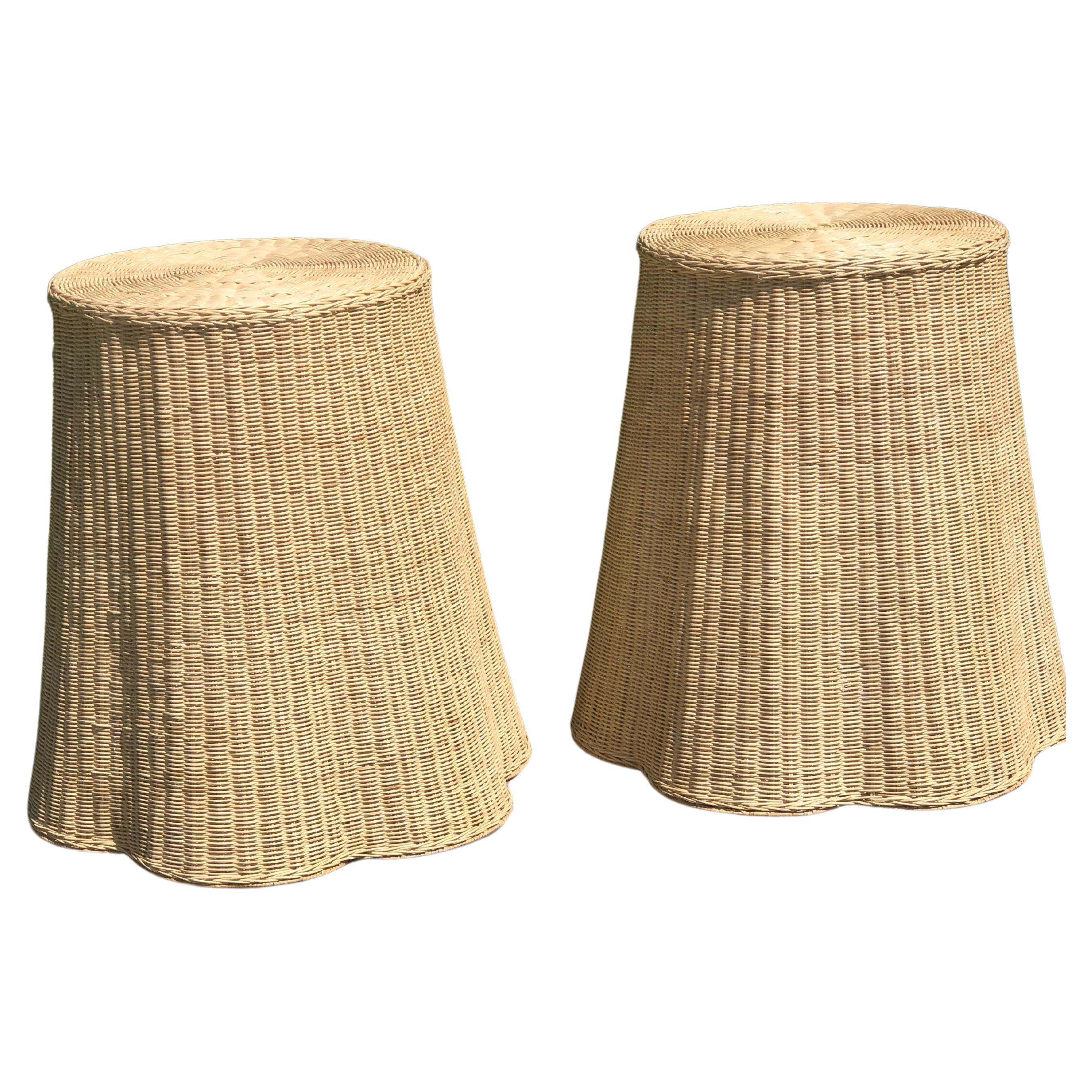 Pair of Vintage Trompe L'oeil Draped Wicker "Ghost" Side Table For Sale