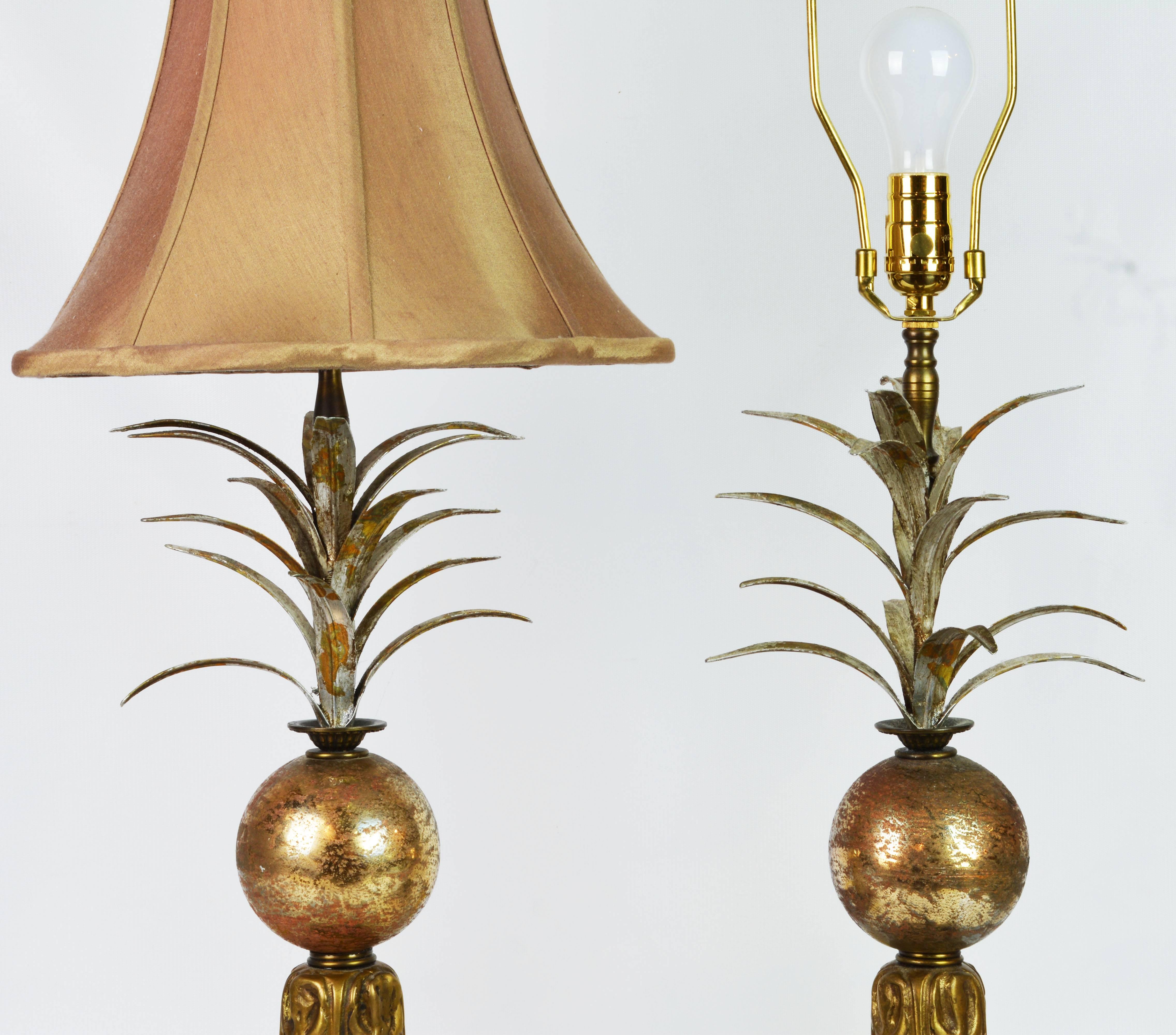 Pair of Vintage Tropical Themed Distressed Gilt Table Lamps by John Richard 1