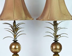 Pair of Vintage Tropical Themed Distressed Gilt Table Lamps by John Richard