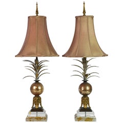 Pair of Vintage Tropical Themed Distressed Gilt Table Lamps by John Richard