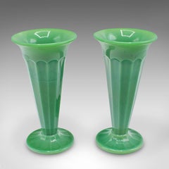 Pair Of Vintage Trumpet Vases, English, Cloud Glass, Flower Sleeve, Art Deco