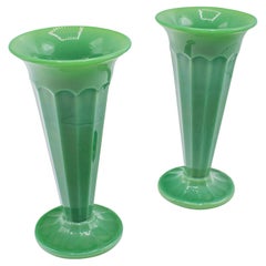 Pair Of Vintage Trumpet Vases, English, Cloud Glass, Flower Sleeve, Art Deco