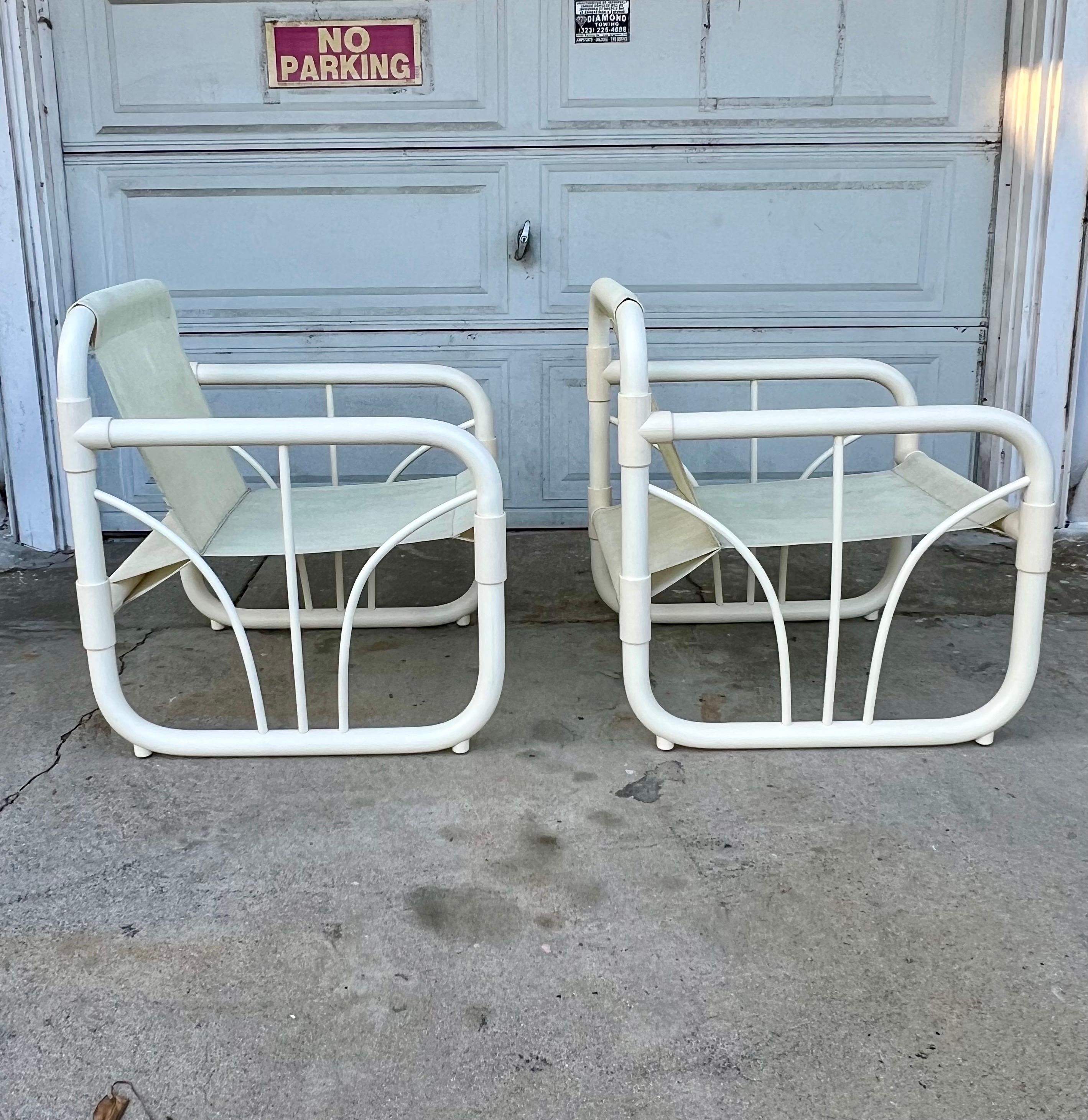 These may have been made for the outdoors, but these would 1000% work in the right living area. Club chair style with small pvc pipe accents. Overall excellent condition. Have been thoroughly cleaned. Please see closeups for minimal wear. Selling as