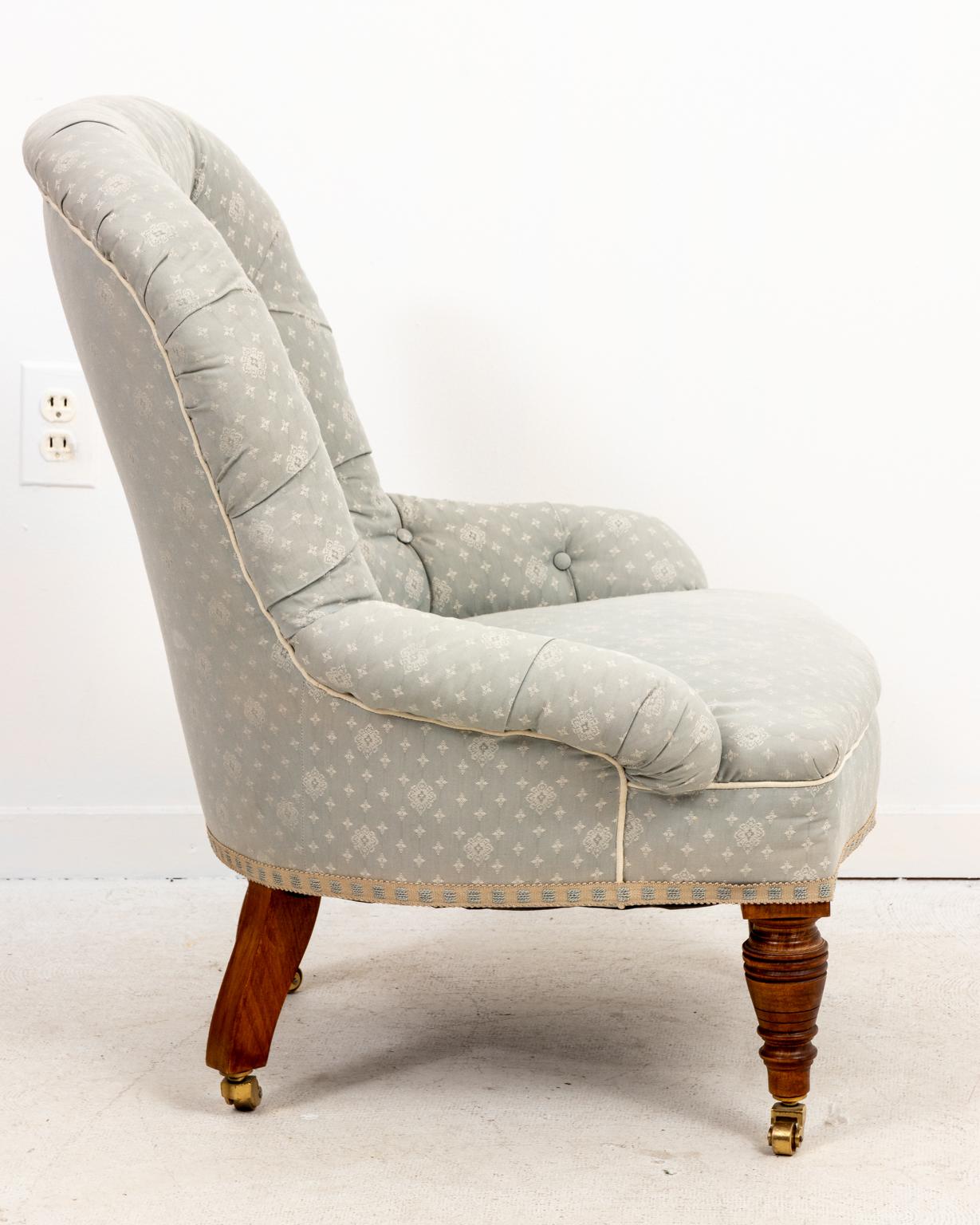 Fabric Pair of Vintage Tufted Slipper Chairs 
