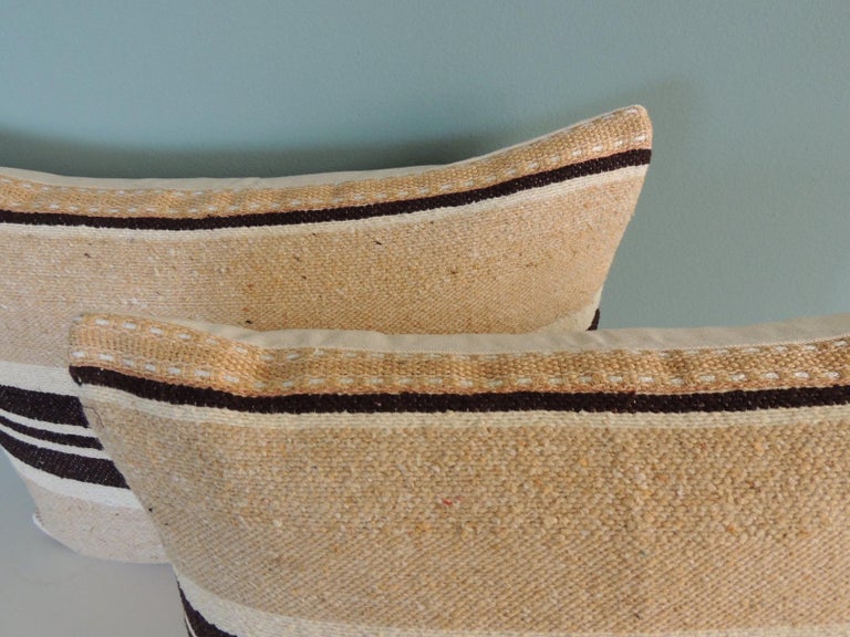 Bohemian Pair of Vintage Tunisian Woven Brown & Beige Stripes Decorative Bolster Pillows